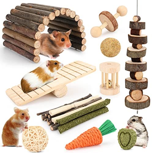 Hamster Cage Accessories, 12 Different Chew Toys for Guinea Pig, Chinchillas, Gerbils, Mice, Rats, Mouse, Rabbit, Bunny Hideout Seesaw, Natural Molar Tools - image 8