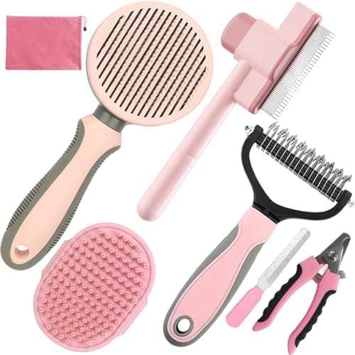 Pet Grooming Kit - 7 PCS Deshedding Brush Set with Slicker, Undercoat Rake, Bath Brush & Nail Clipper for Short & Long Haired Dogs, Cats (Pink) - image 8