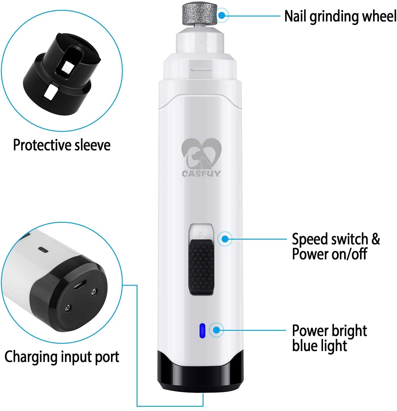 Casfuy Dog Nail Grinder Upgraded - Professional 2-Speed Electric Rechargeable Pet Nail Trimmer Painless Paws Grooming & Smoothing for Small Medium Large Dogs & Cats (White) - image 5