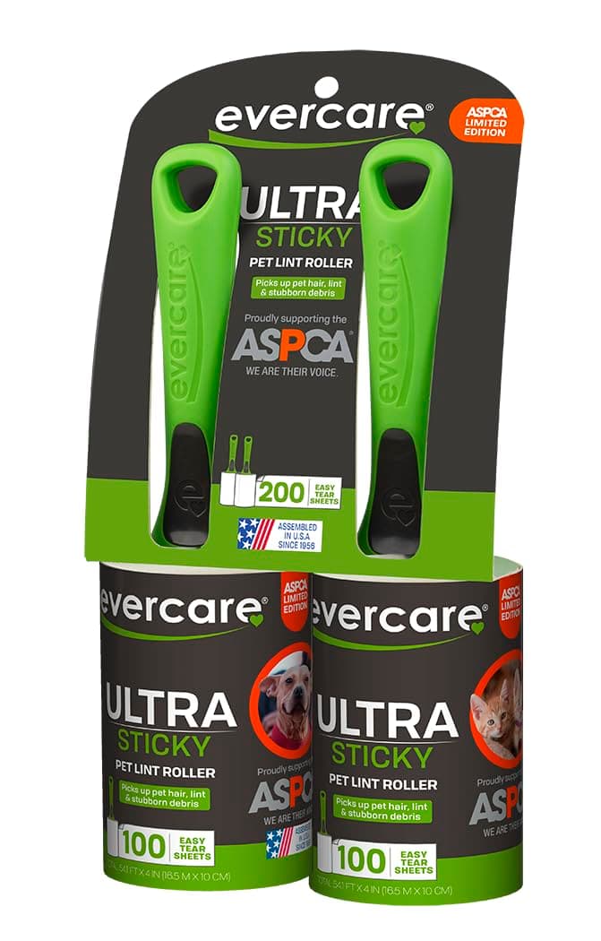 Evercare Pet Hair Lint Rollers All Purpose Use 100 Easy-Tear Sheets Per Roll Reusable Sticky Roller Pets Cat & Dog Hair Remover Contoured Handle for Furniture Clothing & Cars, Set of 2, Green