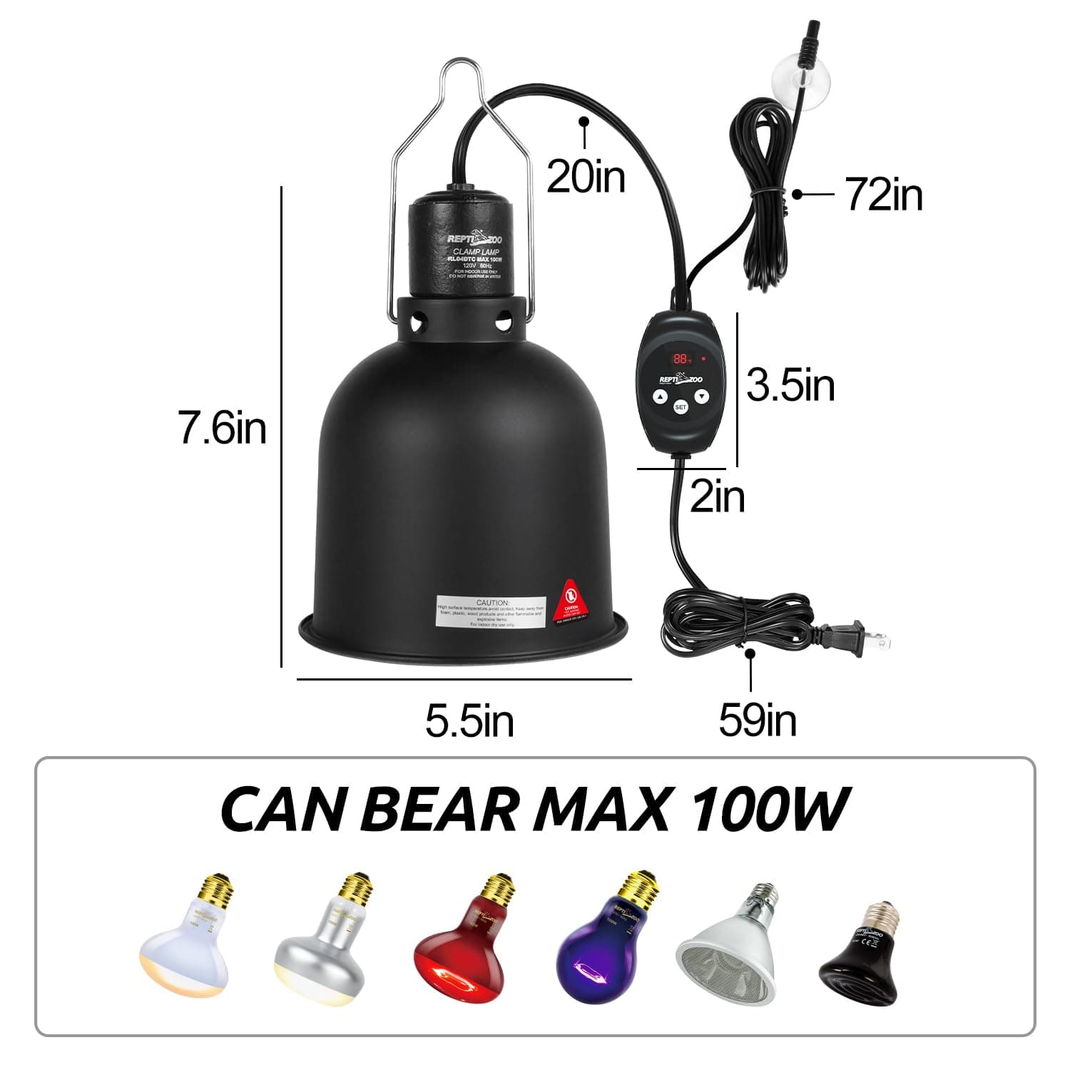 REPTI ZOO Reptile Light Fixture with Dimming Thermostat, 5.5 Inch Deep Dome Lamp Fixture with Temperature Controller for Reptile Heat Lamp Bulb, Max 100W - image 2