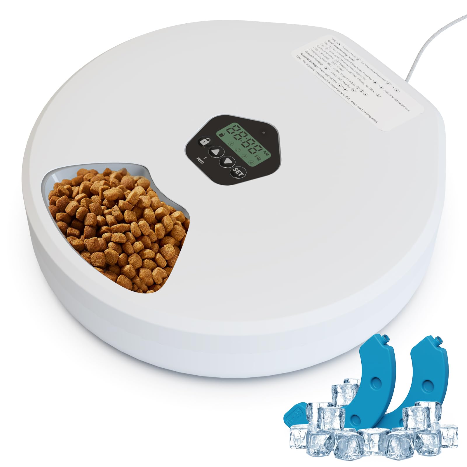 Automatic Cat Feeder,Dry and Wet Cat Food Dispenser,5 Meal Timed Programmable Pet Feeder,2 Ice Packs,Dual-Power Timed Auto Kitten & Small Dog Food Dispenser,Removable & Easy to Clean