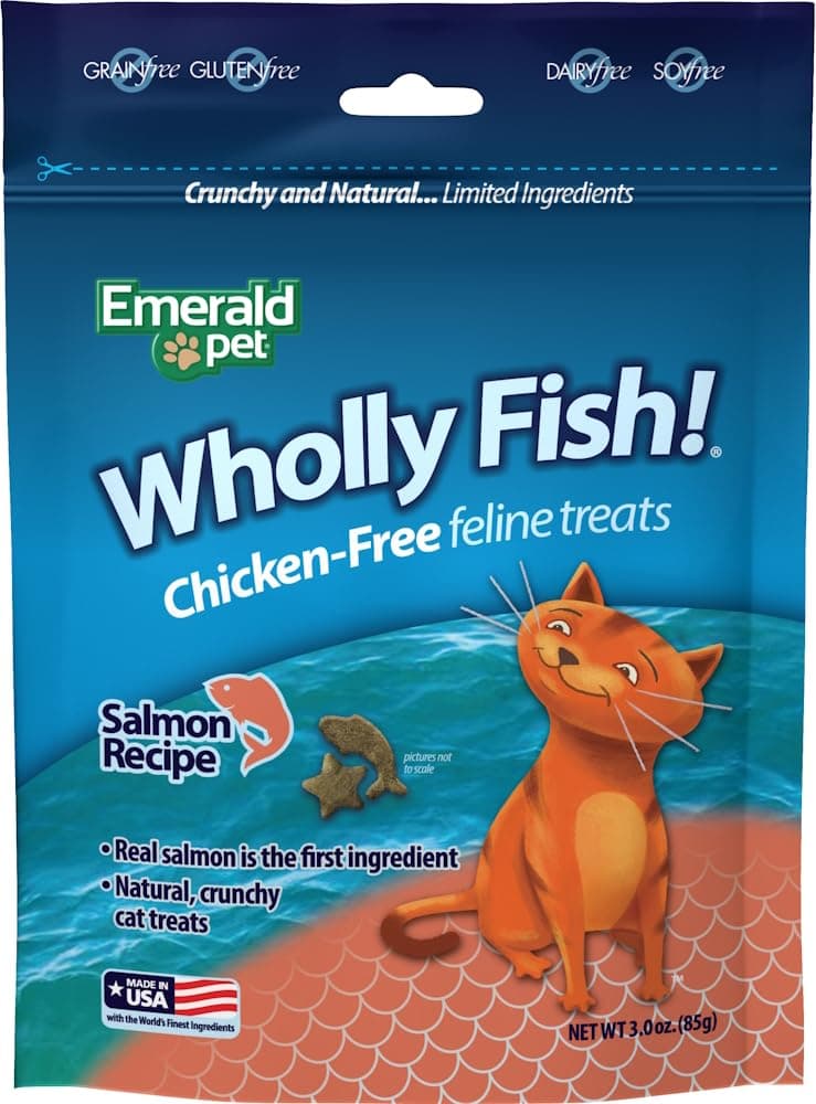 Emerald Pet Wholly Fish! Chicken-Free Feline Treats, Salmon Recipe — Tasty and Crunchy Salmon Cat Treats — Chicken-Free, Grain Free, Natural Cat Treats — Made in USA, 3 oz
