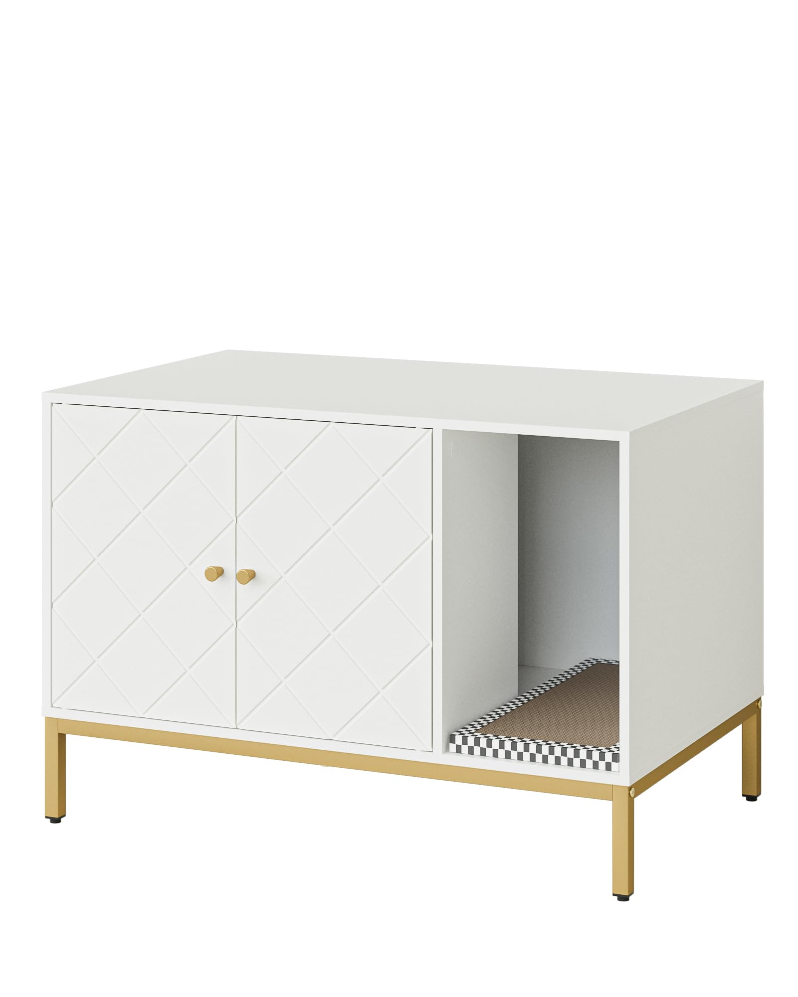 Cat Litter Box Enclosure, Modern Hidden Litter Box Furniture with Scratching Pad, Wooden Cat House Cabinet with Gold Metal Legs, Fit Most of Litter Box, White