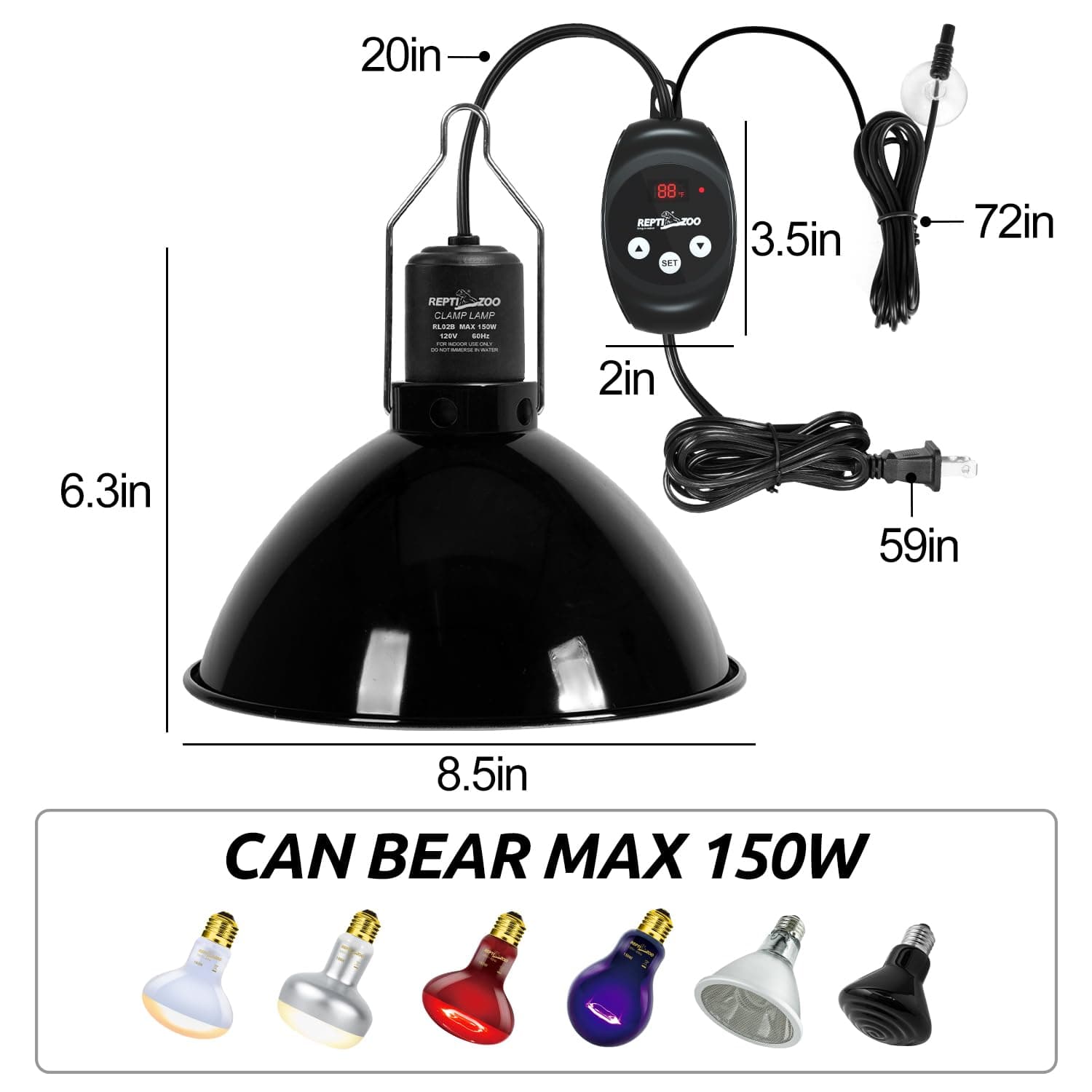 REPTI ZOO Reptile Light Fixture with Dimming Thermostat, 8.5 Inch Deep Dome Lamp Fixture with Reptile Heat Lamp Bulb Temperature Controller Reptile Dimming Thermostat Max 150W - image 2