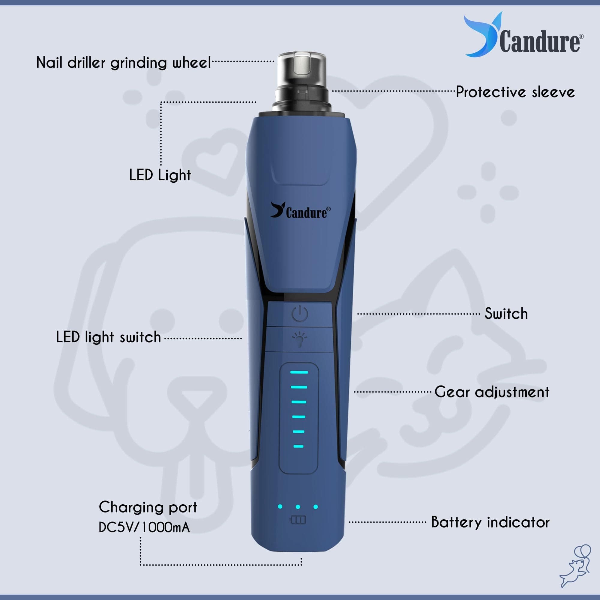 Candure Dog Nail Grinder Upto 6-Speed Dog Nail Trimmer for Large, Medium, Small Dogs, Cats & Pets - Low Noise Rechargeable Dog Claw Grinder with 360° LED Lights & Extra Grinder Head (Dark Blue) - image 8