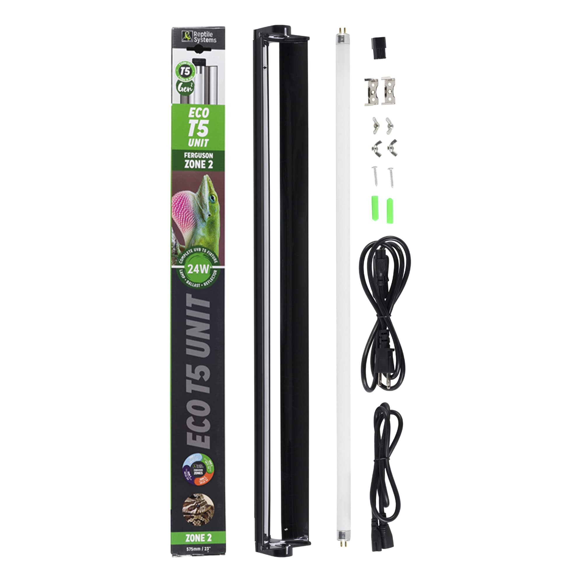 Reptile Systems Eco T5 Unit Zone 2 Reptile Lighting Kit – 24in-24w - Slimline Fixture with HOT5 Lamp, Reflector & Flicker-Free Ballast – Ideal for Terrariums, Chameleons & Geckos