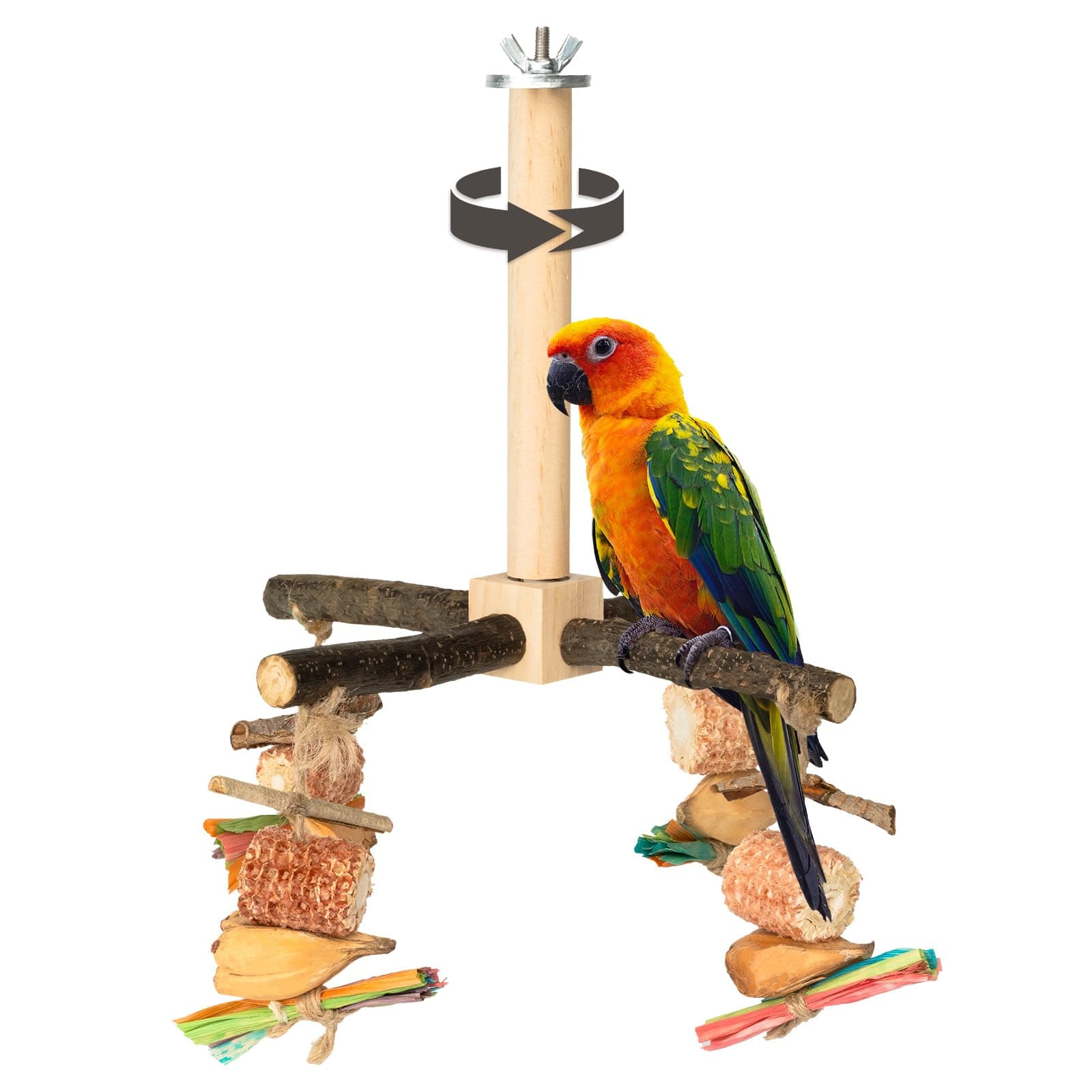 Agape Rotating Parrot Perch Toy with Chew Toy, Natural Wooden Perch Stand for Small & Medium Birds, Bird Cage Accessory with Exercise Wheel for Parakeets Cockatiels Lovebirds Conures Finches Budgies