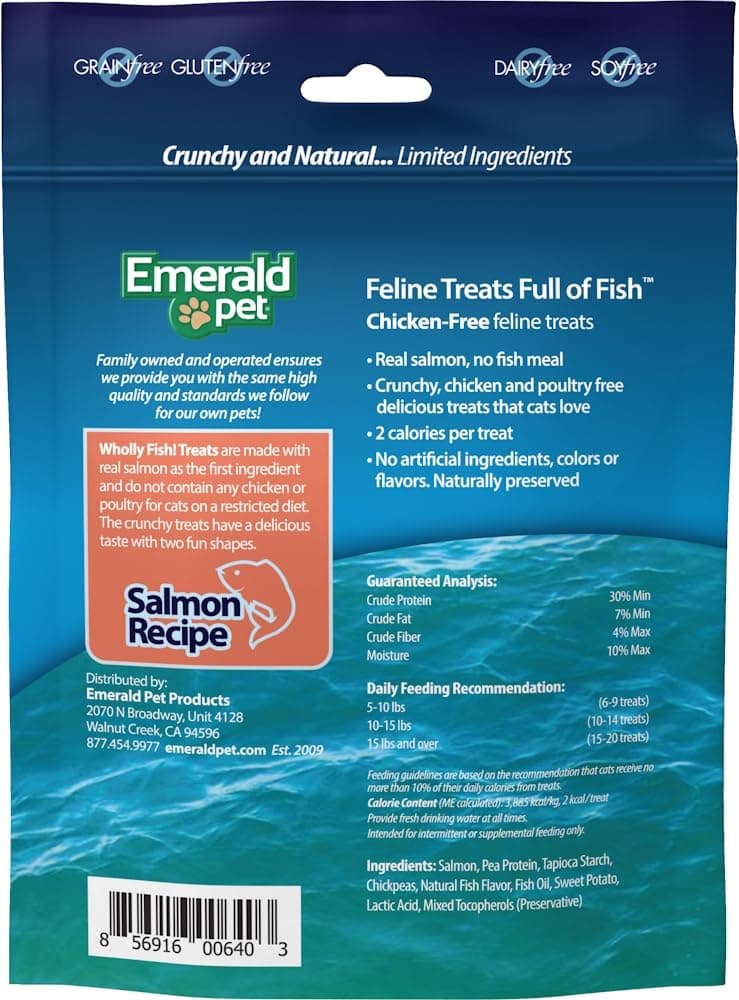 Emerald Pet Wholly Fish! Chicken-Free Feline Treats, Salmon Recipe — Tasty and Crunchy Salmon Cat Treats — Chicken-Free, Grain Free, Natural Cat Treats — Made in USA, 3 oz - image 2