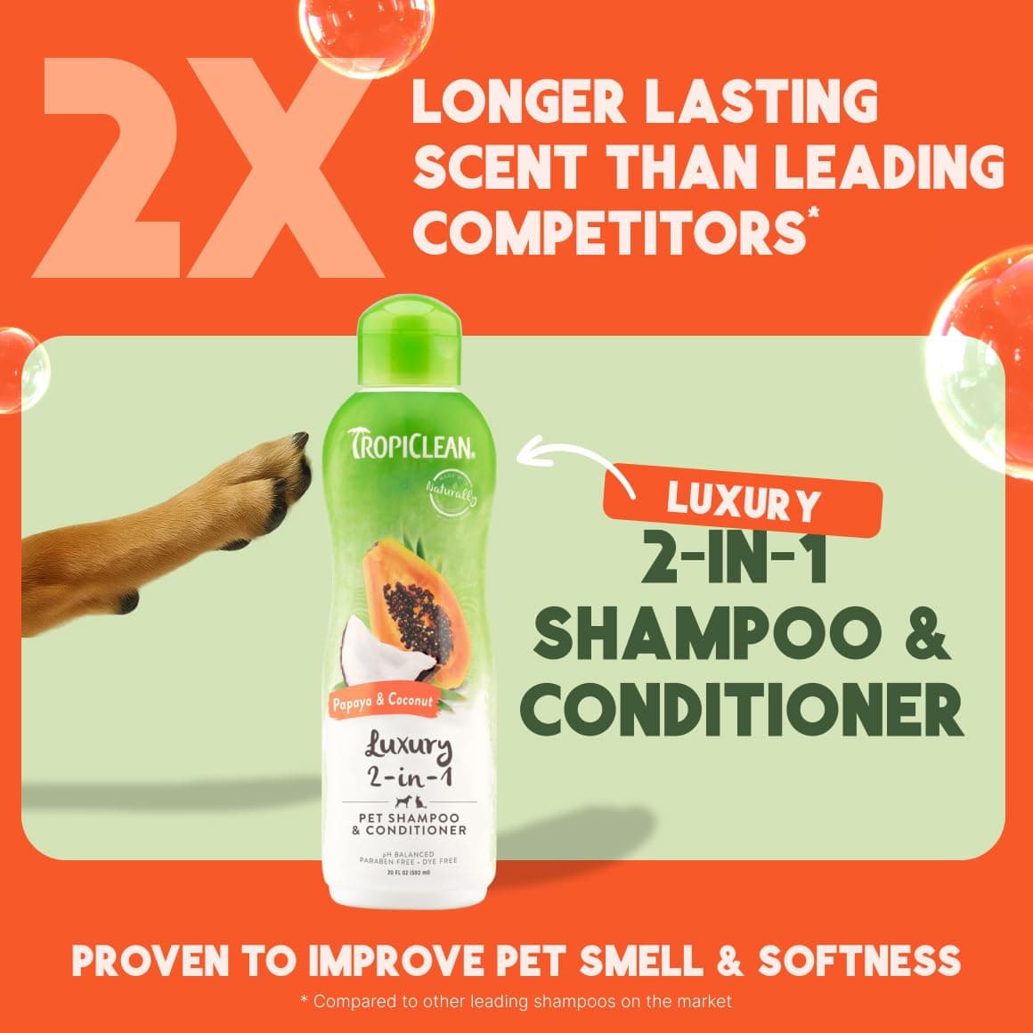 TropiClean 2-in-1 Dog Shampoo and Conditioner, Moisturizing Dog Detangler, Puppy Safe, Made in the USA, Papaya Scent, Cat & Kitten Safe, 20oz. - image 2