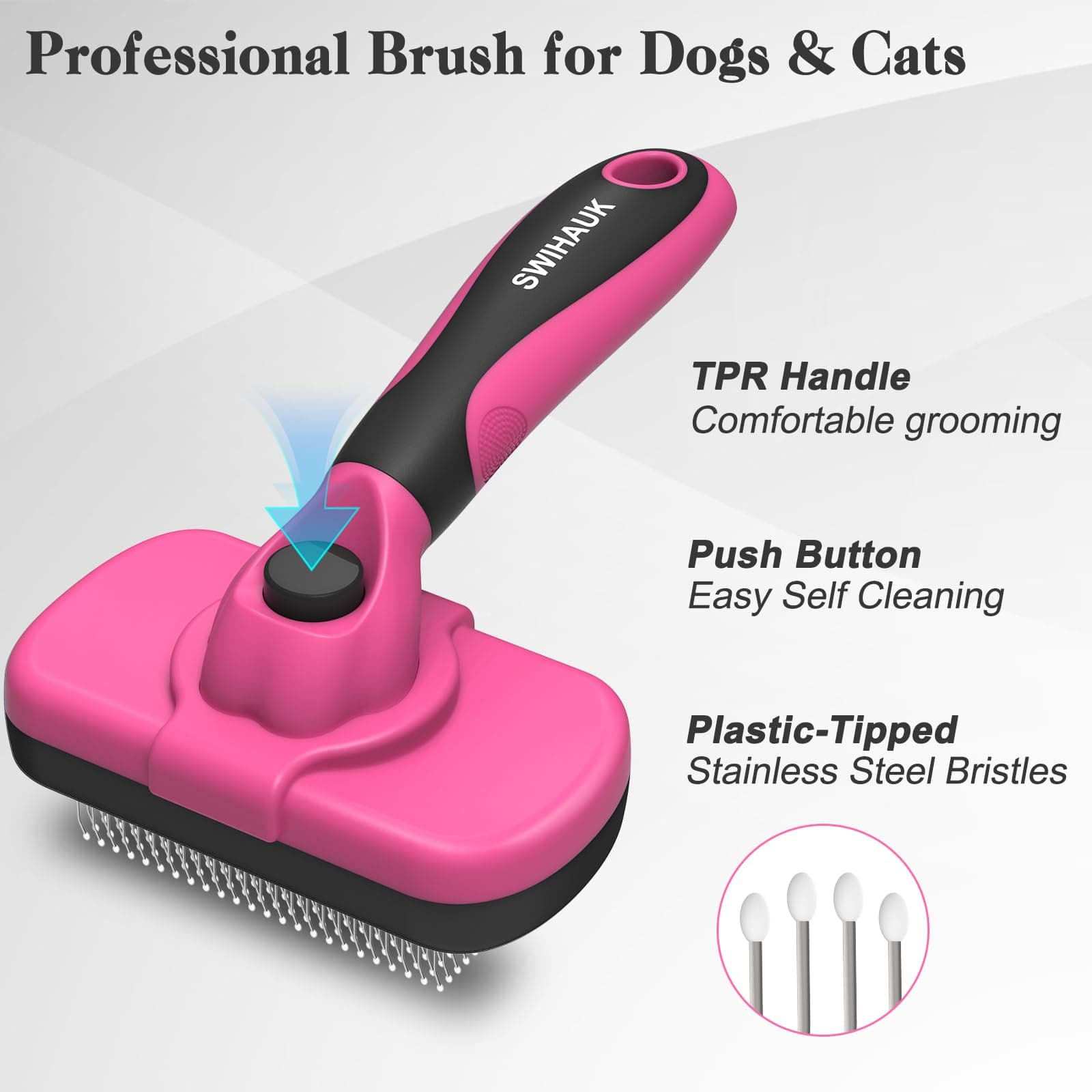 Swihauk Self Cleaning Slicker Brush for Dogs & Cats - Skin Friendly Grooming, Deshedding, Hair Removal for Puppies & Long/Short Haired Pets, Pet Supplies Accessory, Pink - image 2