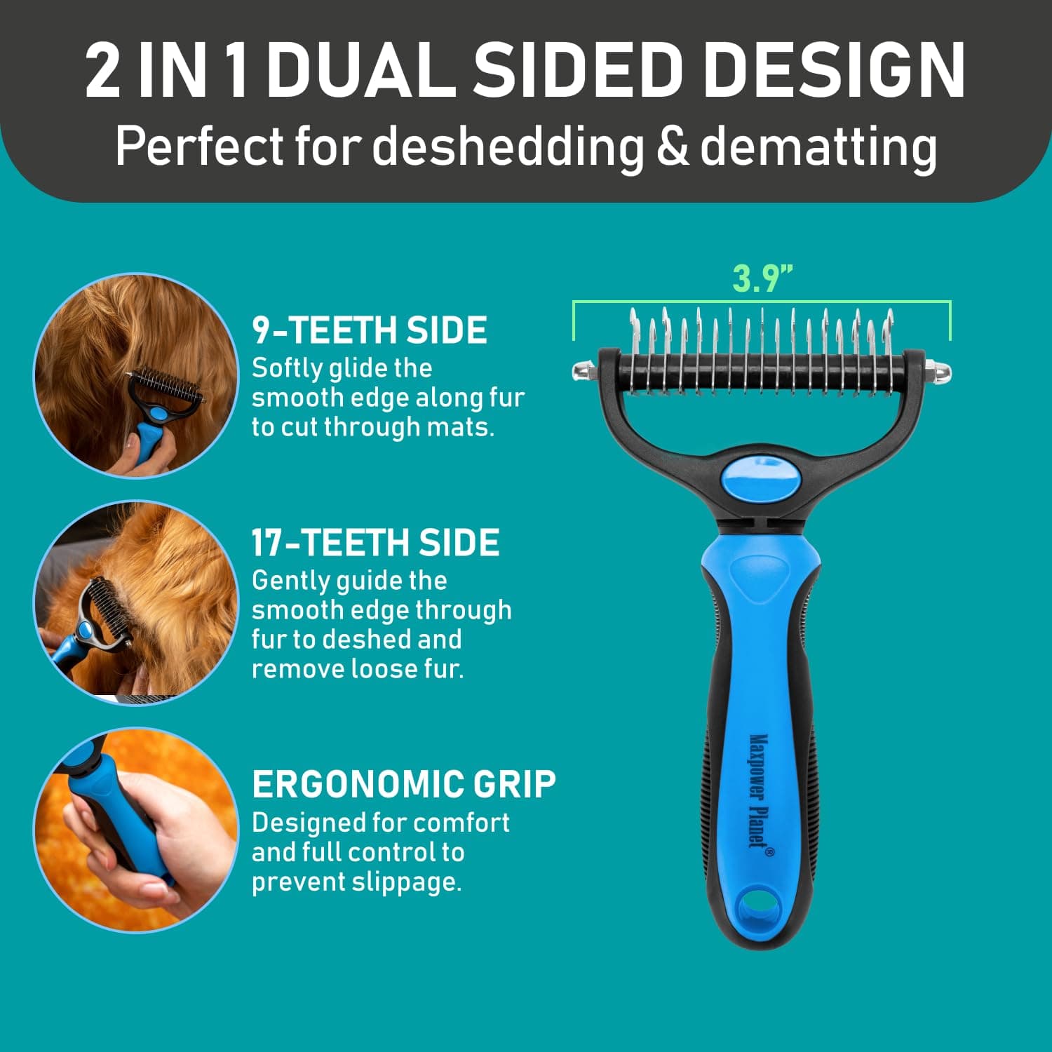 Maxpower Planet Pet Grooming Brush and 2X Grooming Gloves Combo - Double Sided Dematting, Deshedding Undercoat Rake for Dogs and Cats - Reduce Shedding Easily - Blue - image 2