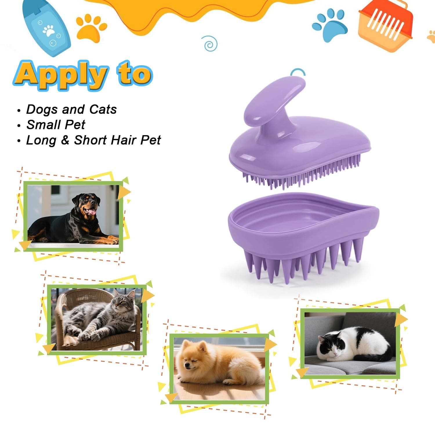 2-in-1 Dog Bath Brush for Grooming & Massage - Pet Silicone Brush for Long & Short Haired Dogs and Cats, Dog Scrubber for Bath, Rubber Curry Brush, Use Wet as Bath Brush or Dry for Grooming-Purple - image 6