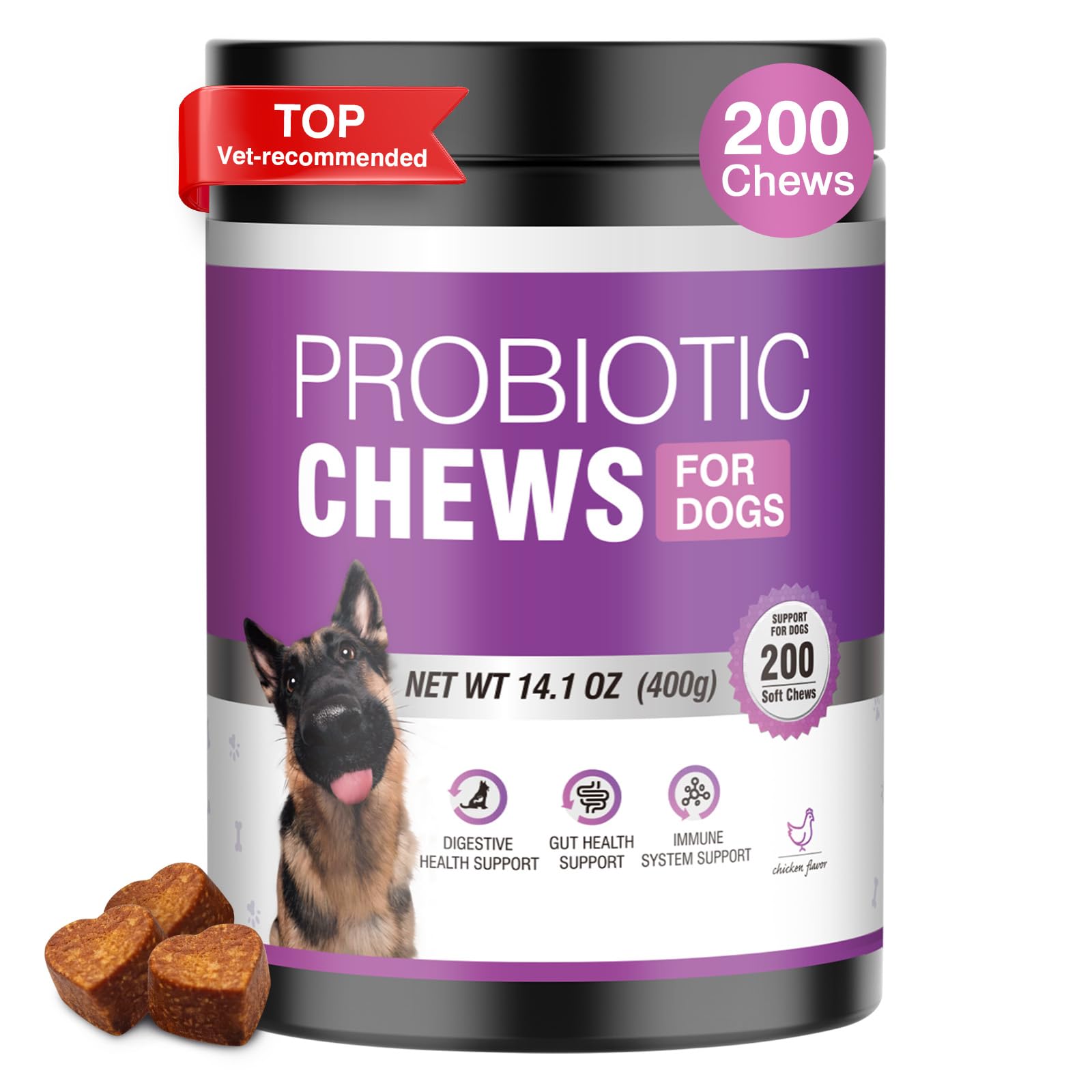 Probiotics for Dogs 200pcs Dog Probiotics for Digestive Health Digestive Enzymes and Prebiotic, Probiotic Chews for Dogs Support Gut Health, Relieve Diarrhea, Itchy Skin, Enhance Immunity, Chicken