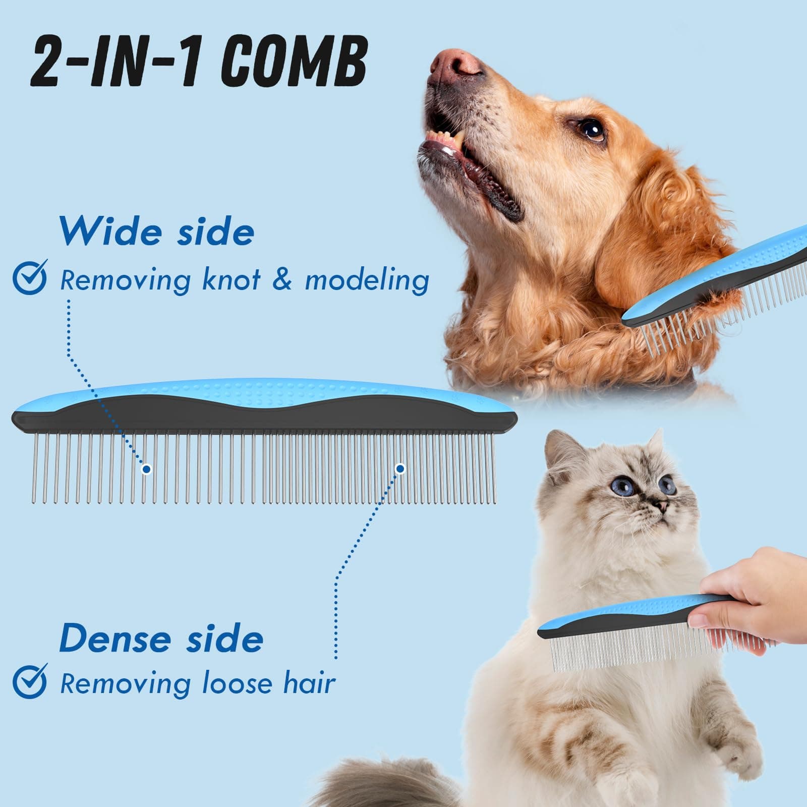 Pet Grooming Combo - Blue Deshedding Brush with Metal Comb for Detangling and Dematting Long, Matted Fur on Cats and Dogs - image 3