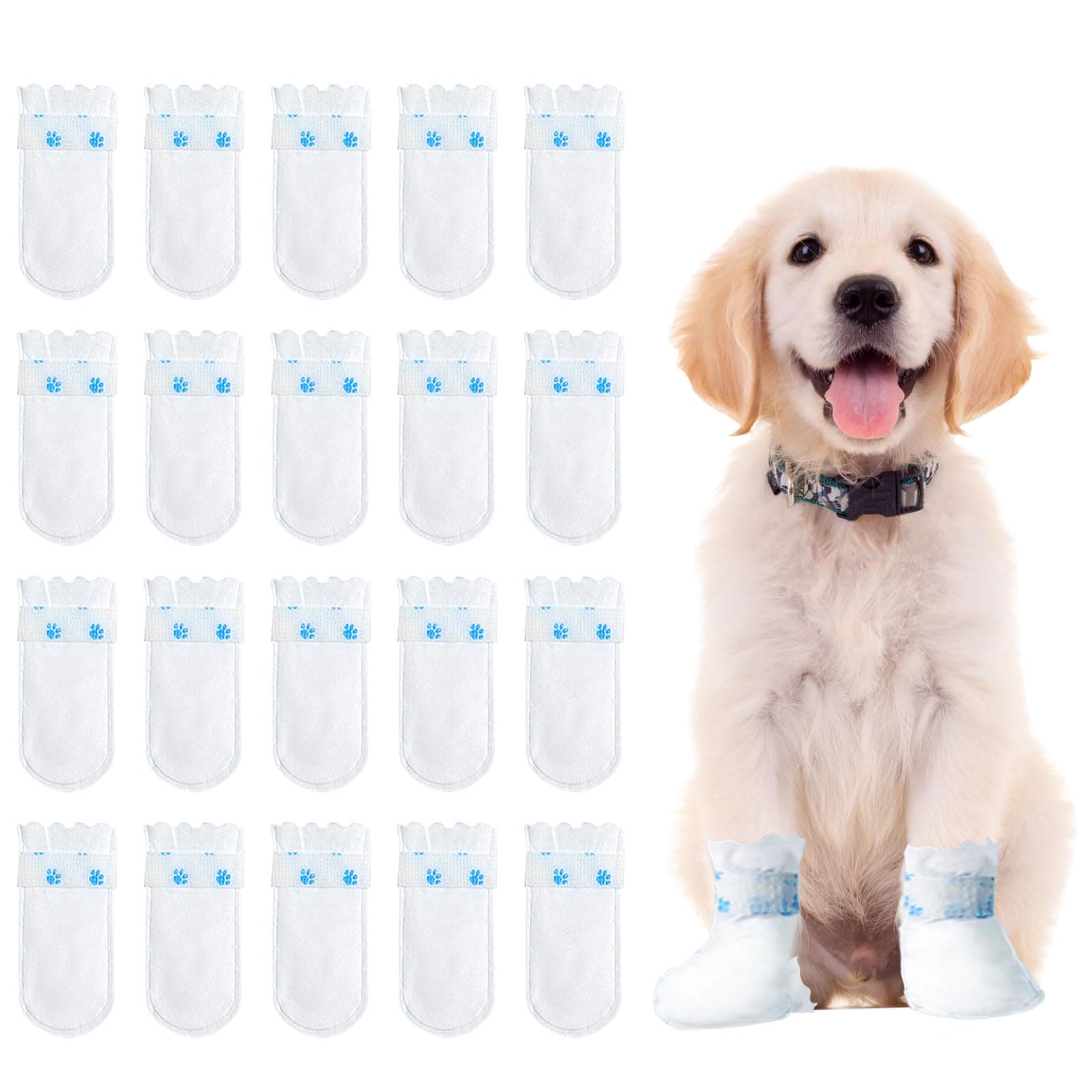 Disposable Dog Boots for Paw Protection, 20 Pcs Pet Shoes with Adjustable Self-Adhesive Bandage, Dog Disposable Foot Covers for Outdoor & Indoor Walking (White, Large)