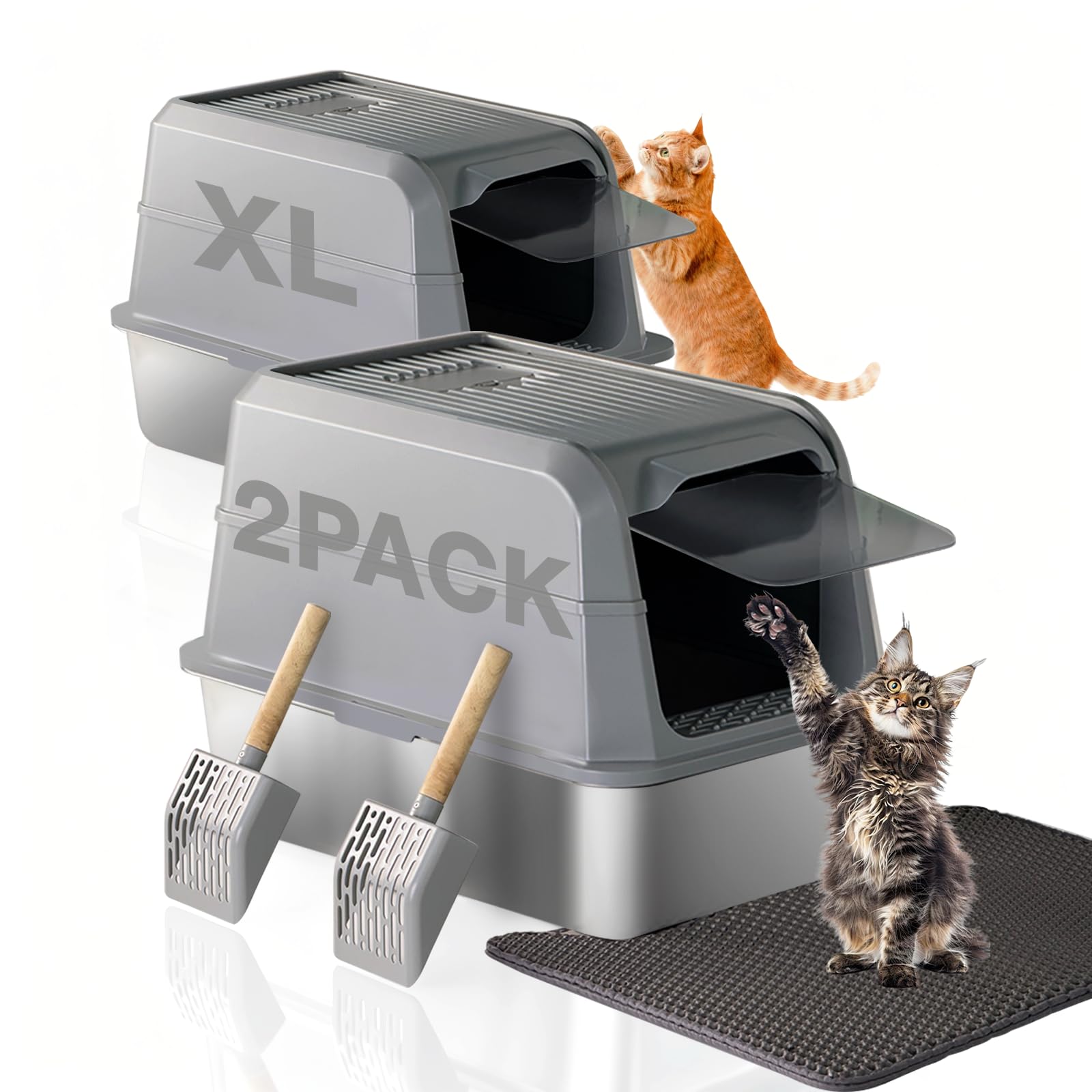 PETUX 2-Pack Stainless Steel Litter Box with Lid - High Sided, Odor-Proof, Anti-Leakage, Non-Stick, Easy to Clean and Extra Large Enclosed Litter Box with Scoop and Non-Slip Mat for Multi-Cats - Grey
