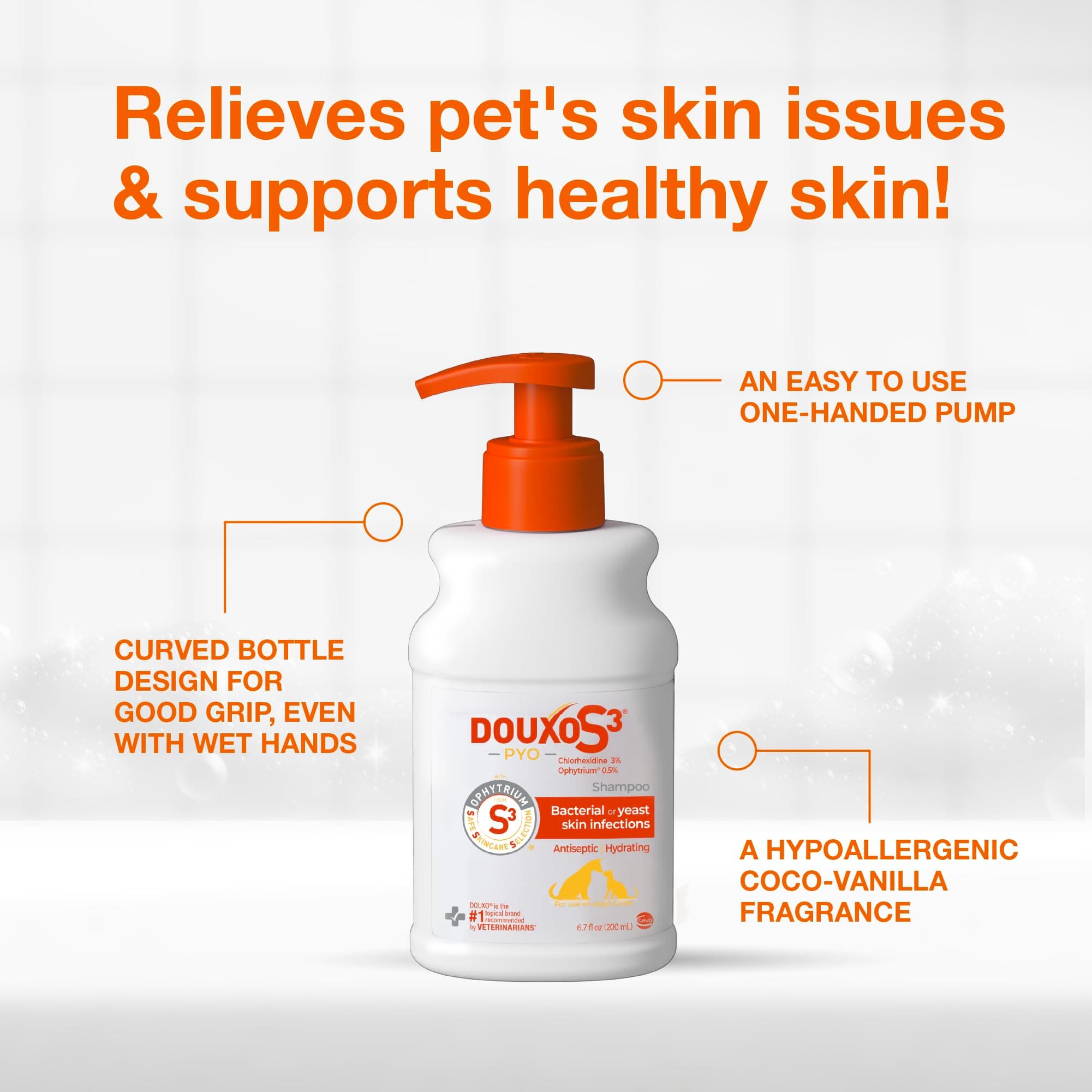 Douxo S3 Pyo Shampoo, Contains 3% Chlorhexidine & 0.5% Ophytrium, Antiseptic & Hydrating, For Bacterial or Yeast Skin Infections, For Dogs and Cats, 6.7 fl. oz. (200mL) - image 5