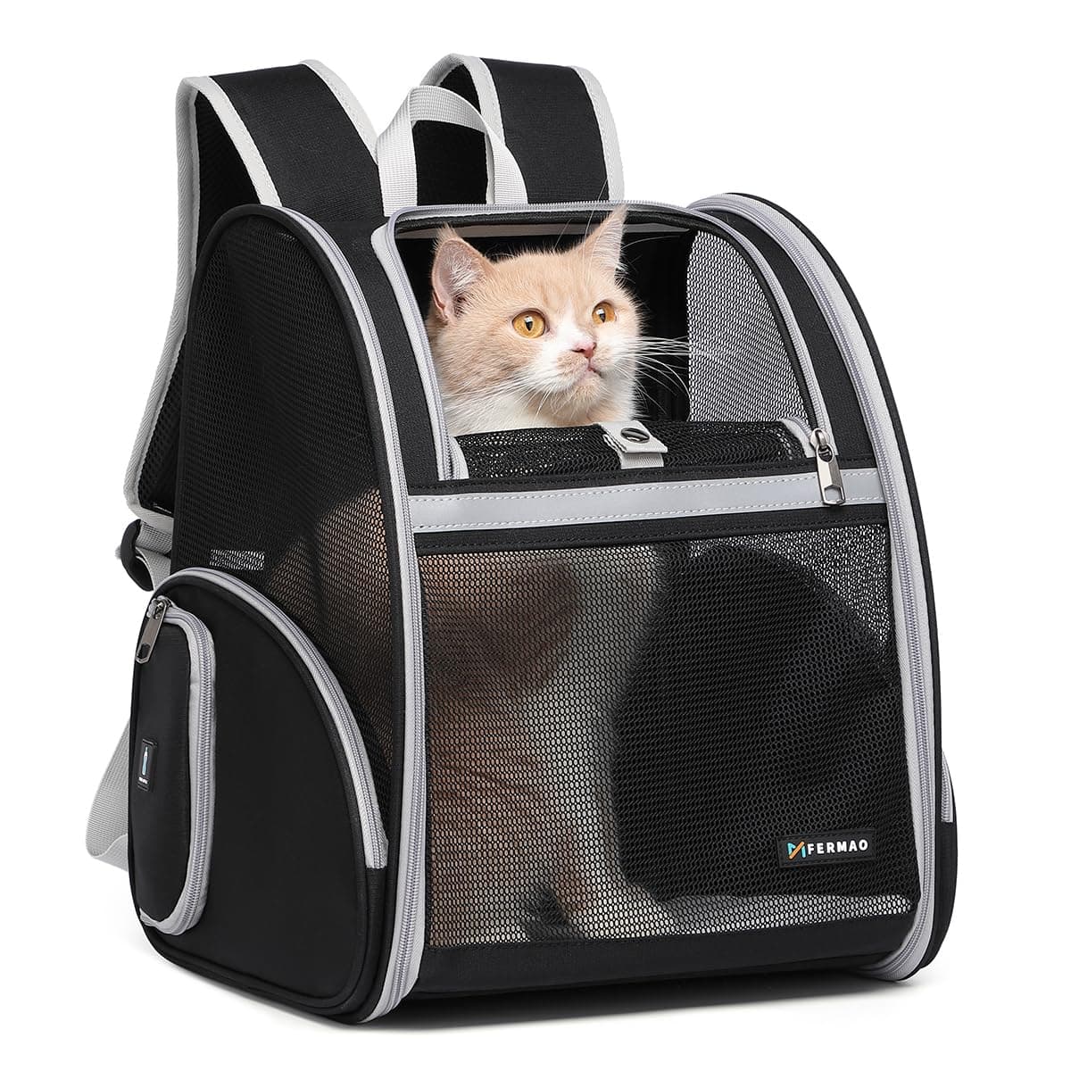 Cat Backpack Carrier for Small Dogs and Medium cat Puppy Kitten Bunny Pet Carrier Backpack Collapsible with Fully Ventilated Mesh with Safety Leash (Black, 12.9" L x 10.62" W x 15.5" H - M)