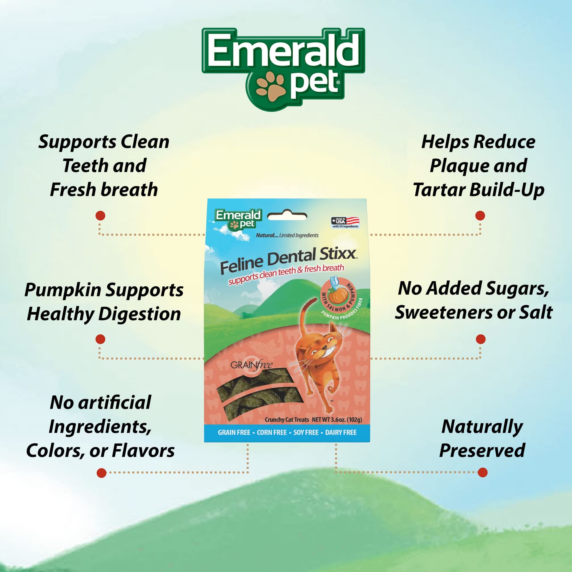 Emerald Pet Feline Dental Stixx — Tasty and Crunchy Cat Sticks with Pumpkin for Digestive Health — Natural Grain Free Dental Treats for Clean Teeth and Fresh Breath — Salmon, 3.6 oz - image 4