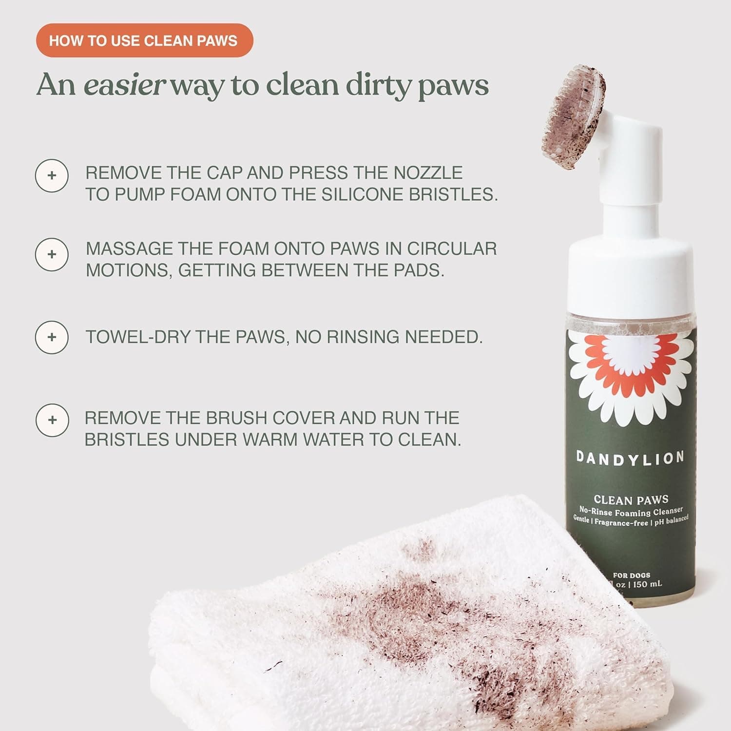 Dandylion Clean Paws | No-Rinse Dog Paw Cleaner & Dog Paw Washer | Gentle, Fragrance-Free, pH Balanced Foaming Cleanser with Silicone Bristle Brush | Safe for All Dogs | 5 fl oz - image 5