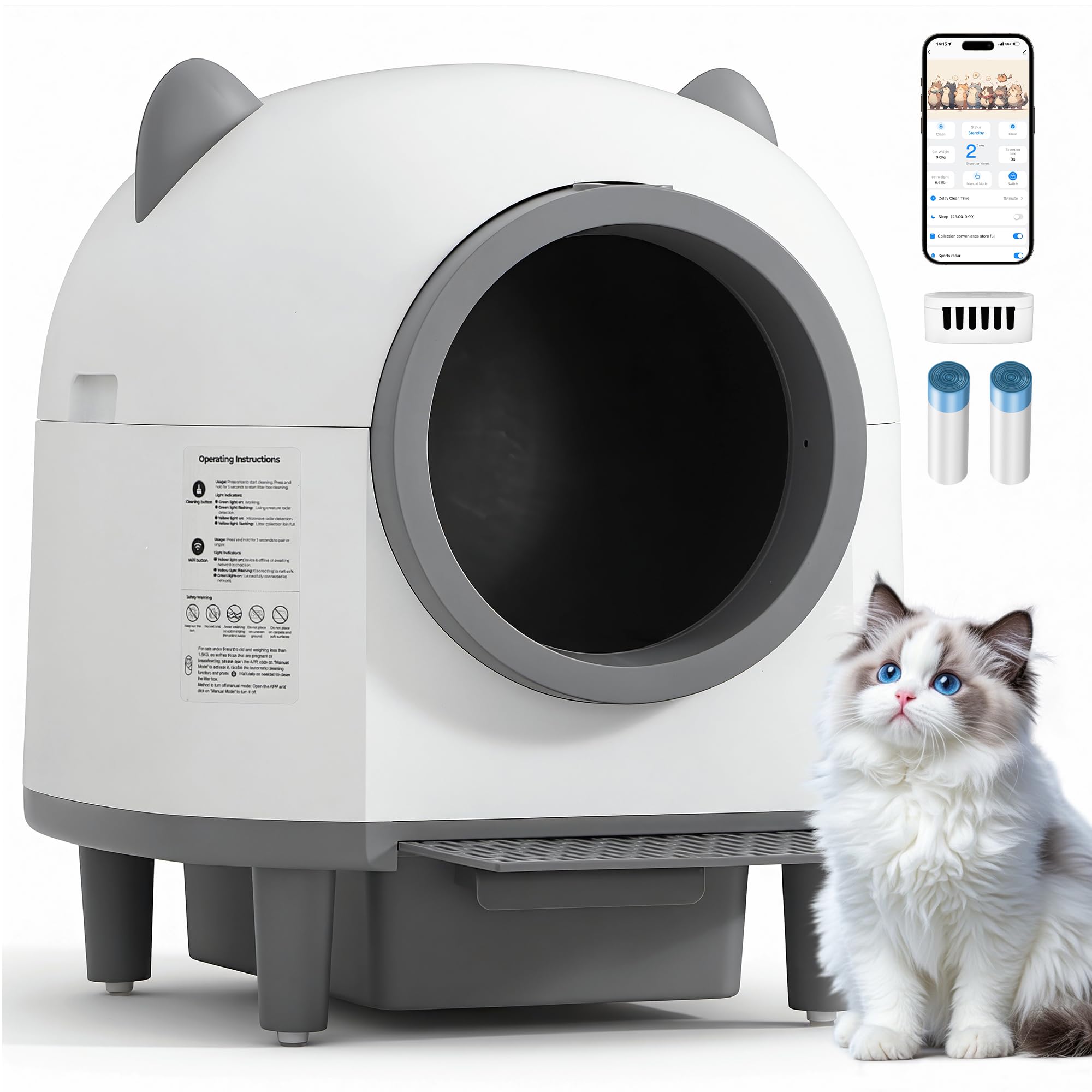 Self-Cleaning Automatic Litter Box with 80L Large Capacity for Multiple Cats, Features Odor-Free Waste Disposal, Safety Sensor, App Control via 2.4 GHz Wi-Fi, Includes 2 Roll Garbage Bags