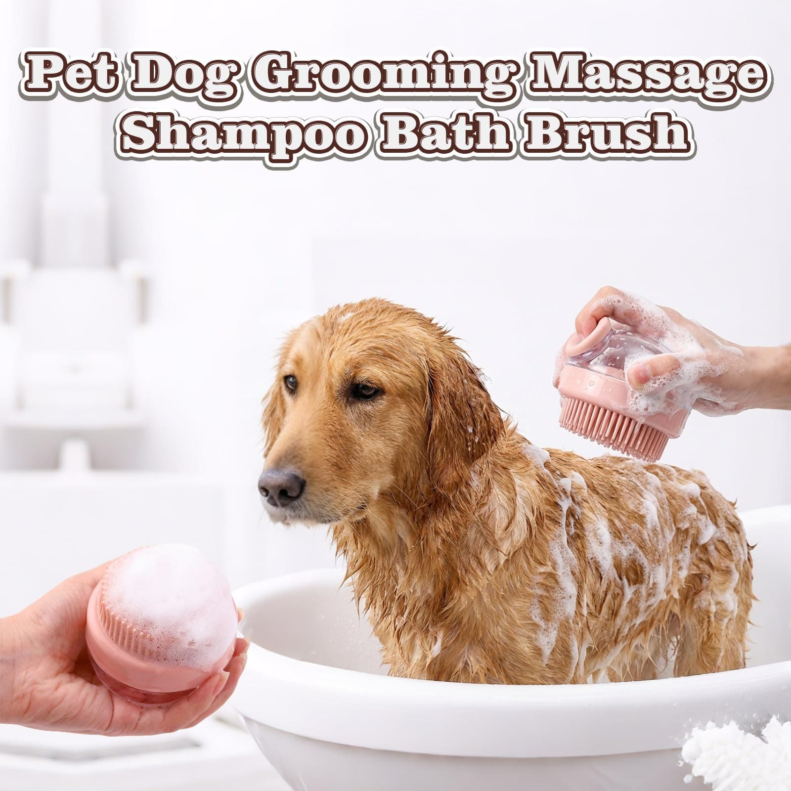 Dog Bath Scrubber Brush, 2Pcs Pet Dog Grooming Massage Shampoo Bath Brush with Soap and Shampoo Dispenser Soft Silicone Bristle for Long Short Haired Dogs Cats Shower-Pink - image 4