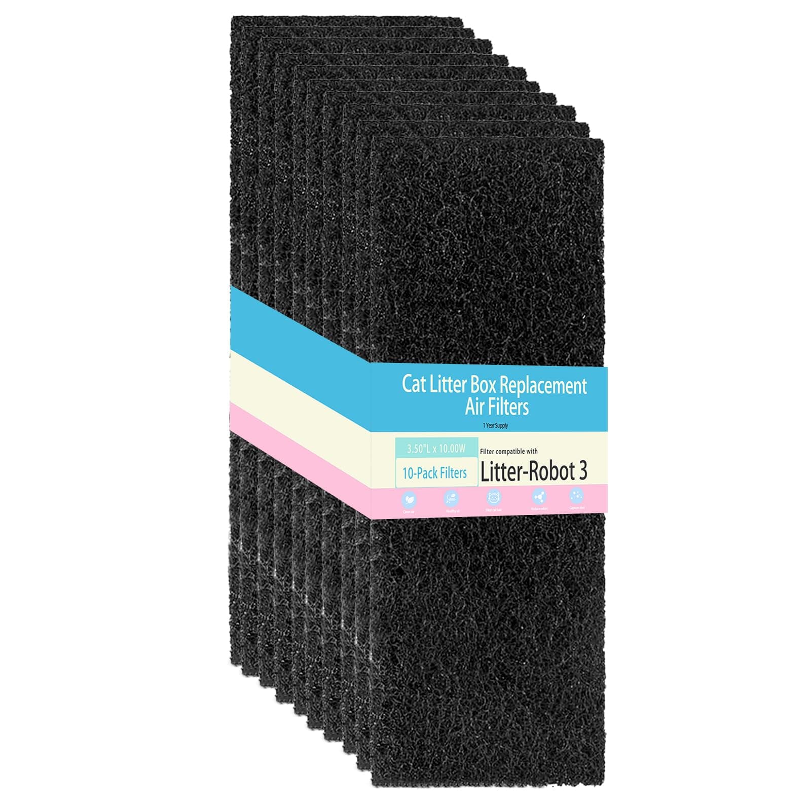 10 Pack Carbon Filters Compatible with Litter Robot 3,Cat Litter Box Replacement Filter,Keep Your Home Clean and Fresh,3.5" x 10" x 0.2"