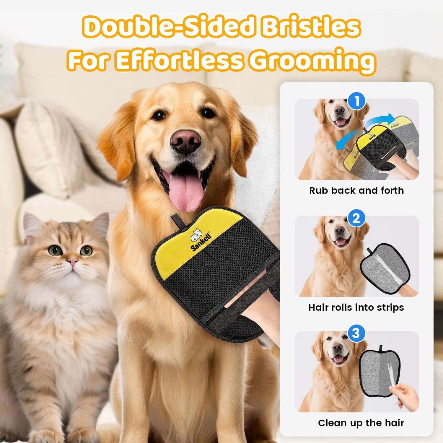 Pet Hair Removal Glove for Dogs & Cats, Newly Upgraded Reusable Electrostatic Pet Hair Remover Glove, Pet Hair Remover Mitt Tool for Couch, Furniture, Bed, Clothing, Carpet, Car Seat (Yellow) - image 3