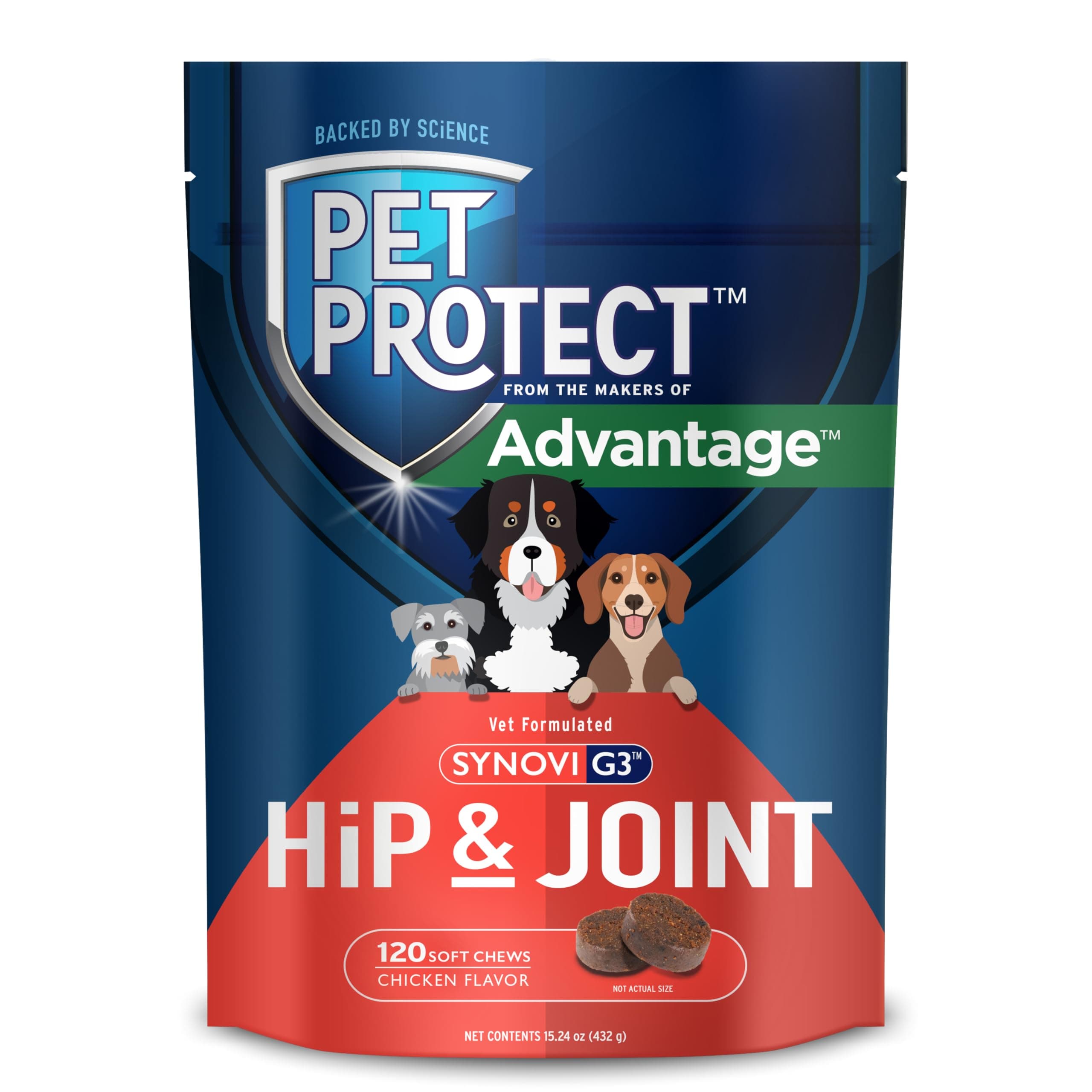 Pet Protect Dog Hip & Joint Supplement for Occasional Joint Stiffness, Vet-Formulated Synovi G3, Dog Glucosamine, Chicken-Flavored Soft Chews (120 Count)