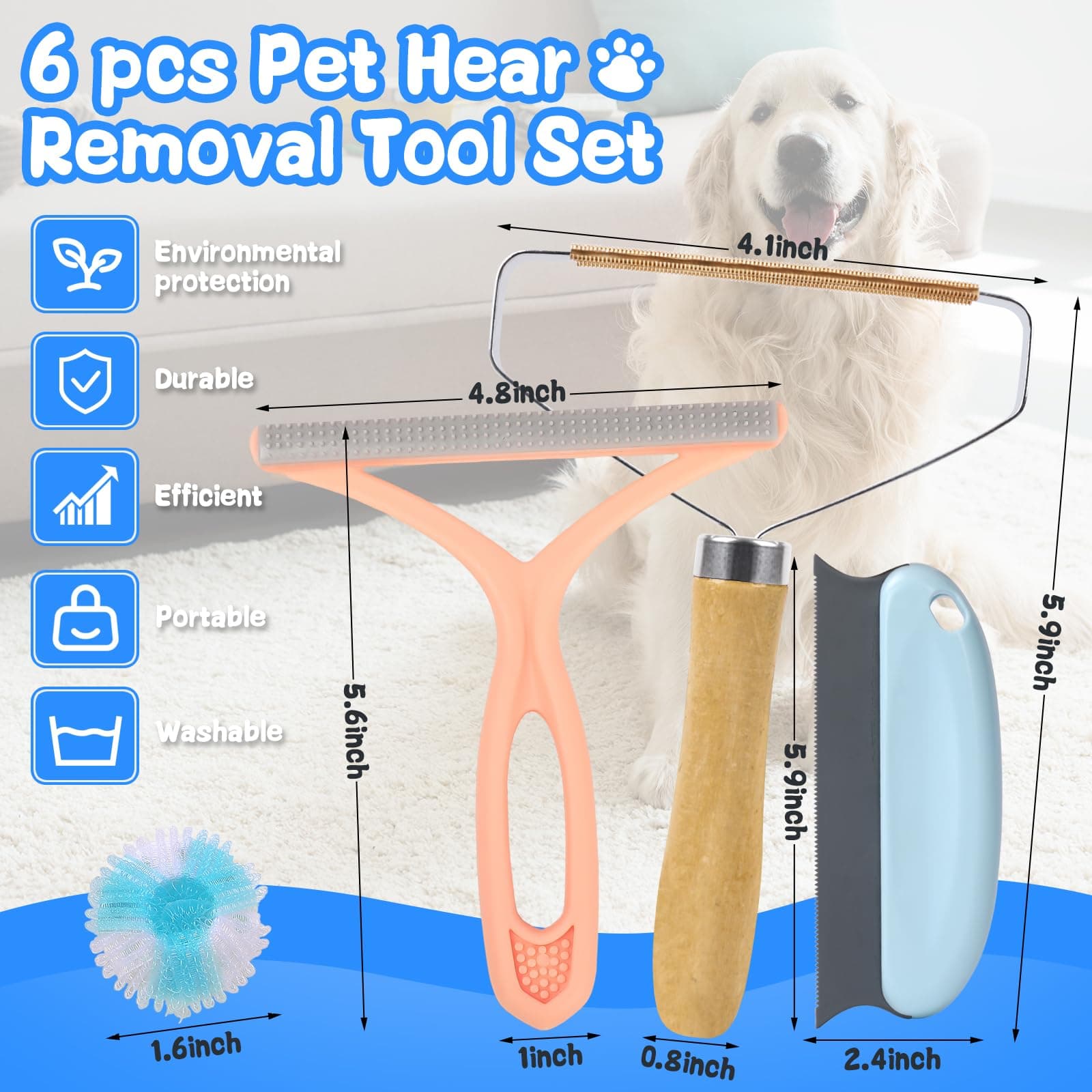 Pet Hair Removal Tool: 6 Pcs Dog Cat Hair Remover - Reusable Pet Hair Remover with Laundry Pet Hair Catcher - Portable Carpet Rake Scraper Fur Removal Tool for Rugs Car Mats Couch Furniture - image 2