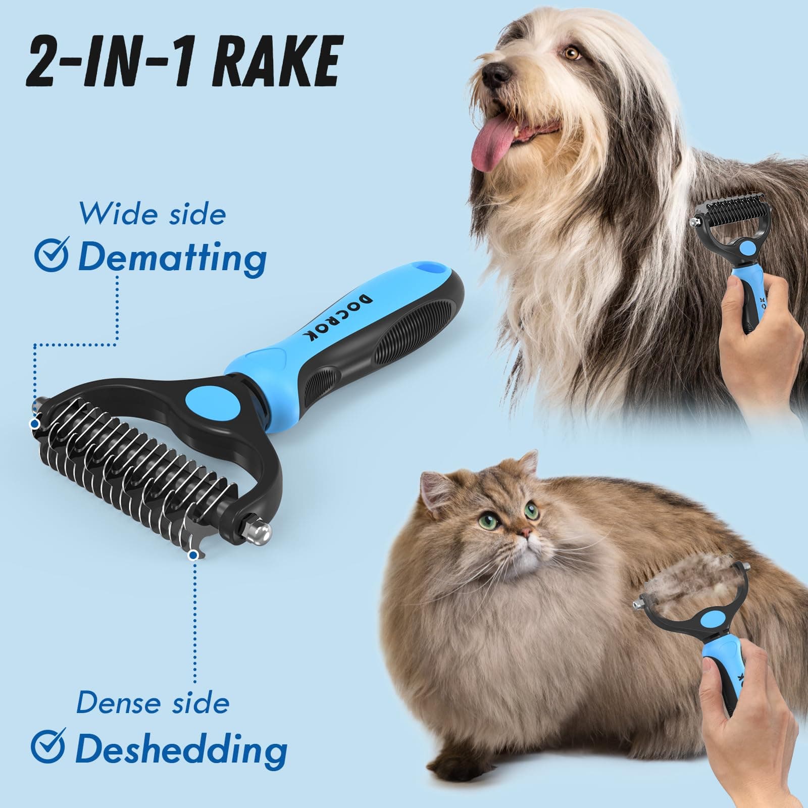 Pet Grooming Combo - Blue Deshedding Brush with Metal Comb for Detangling and Dematting Long, Matted Fur on Cats and Dogs - image 2