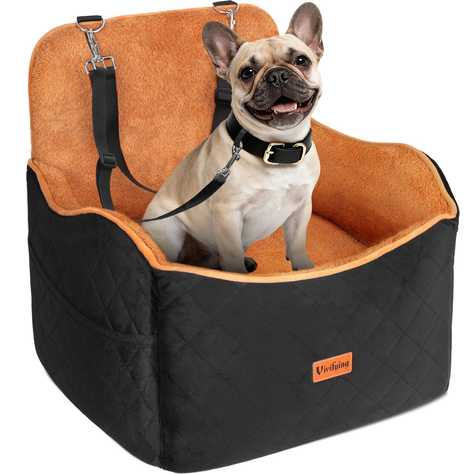 Vivifying Dog Car Seat for Small and Medium Dogs, 4" Booster Pet Car Seat with Safety Strap, Plush Travel Dog Bed for Car with Storage Pocket, Detachable Washable Cover, Fits Dogs up to 35lbs (Black)
