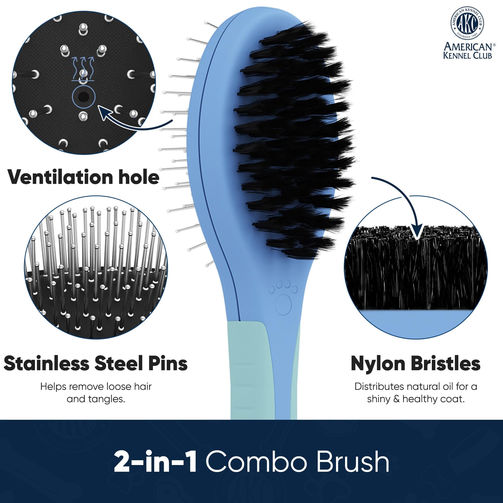 American Kennel Club AKC Pet Grooming Brush for Dogs and Cats - 2-in-1 Deshedding and Detangling Brush with Dense Nylon Bristles, Removes Loose Hair for Short and Long Coat Dogs and All Breeds - image 6