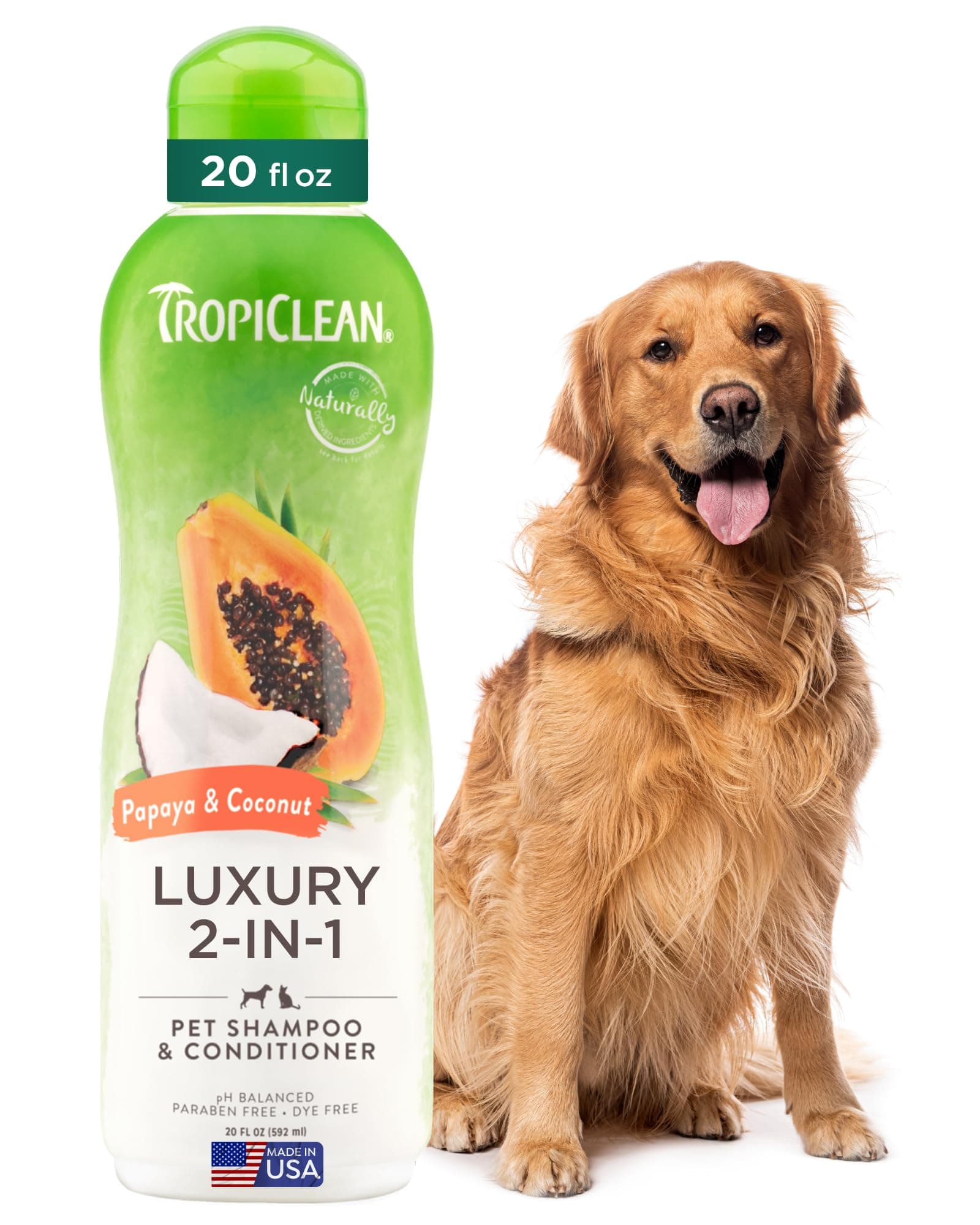 TropiClean 2-in-1 Dog Shampoo and Conditioner, Moisturizing Dog Detangler, Puppy Safe, Made in the USA, Papaya Scent, Cat & Kitten Safe, 20oz.