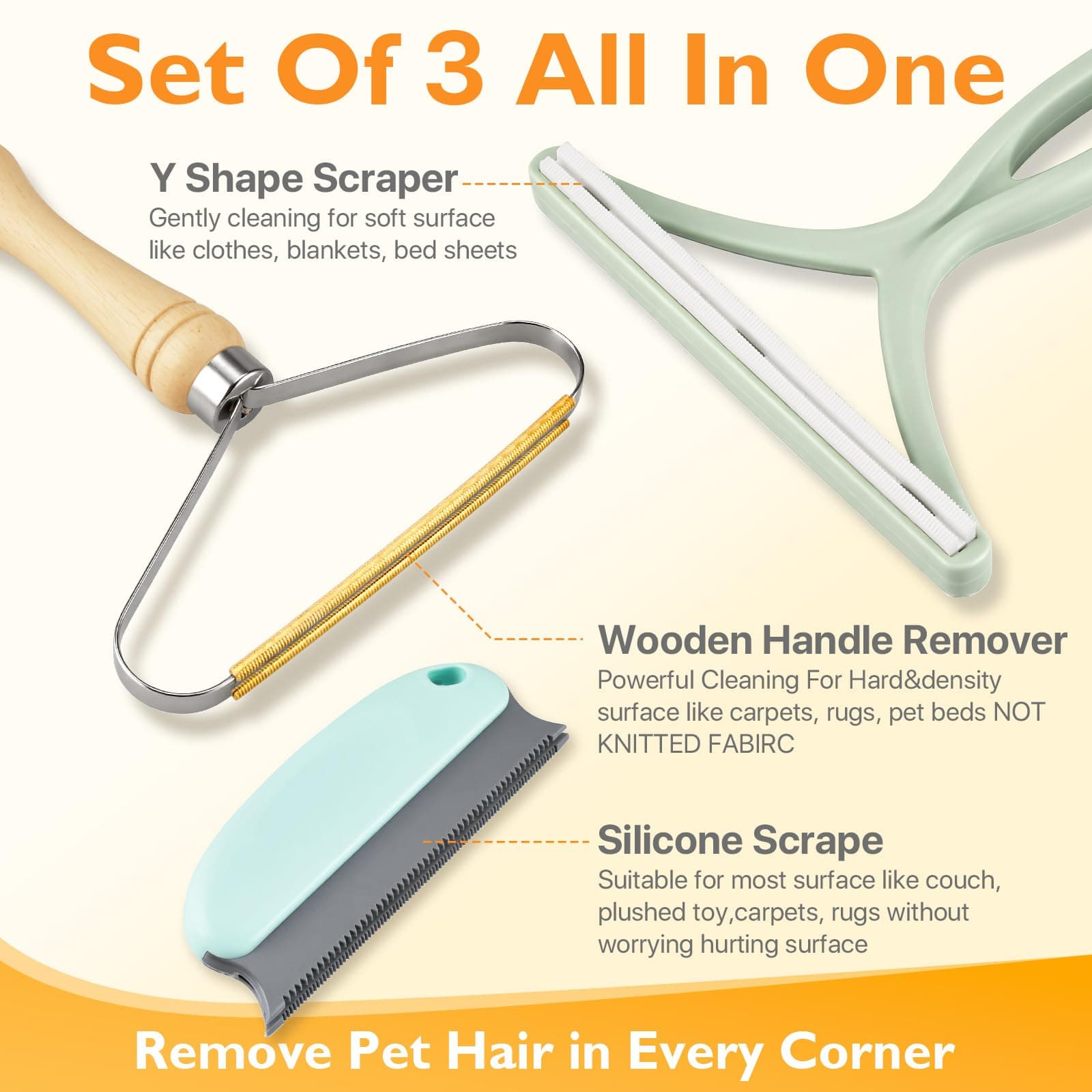 Pet Hair Removal Tool 3 Pack Dog Cat Hair Remover Carpet Scraper Rake Fur Removal Brush Lint Remover Shaver for Car Furniture Couch Green - image 5