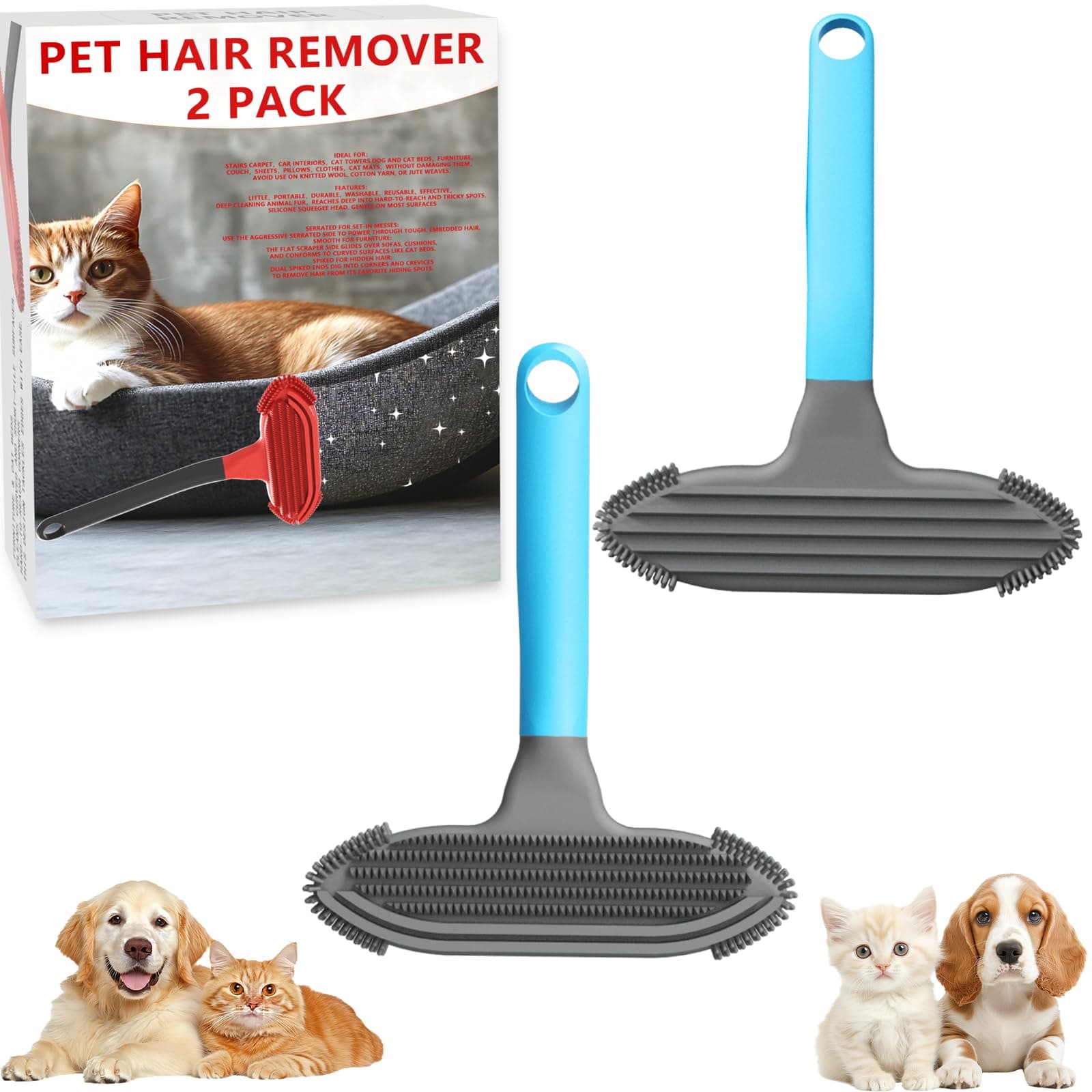 Pet Hair Removal Tool and Pet Hair Remover with 3 in 1 Silicone, Cat Dog Hair and lint Fur Remover for Carpet Couch Cat Tree Bed Furniture and Car Interior, Reusable and Portable,2 Pack