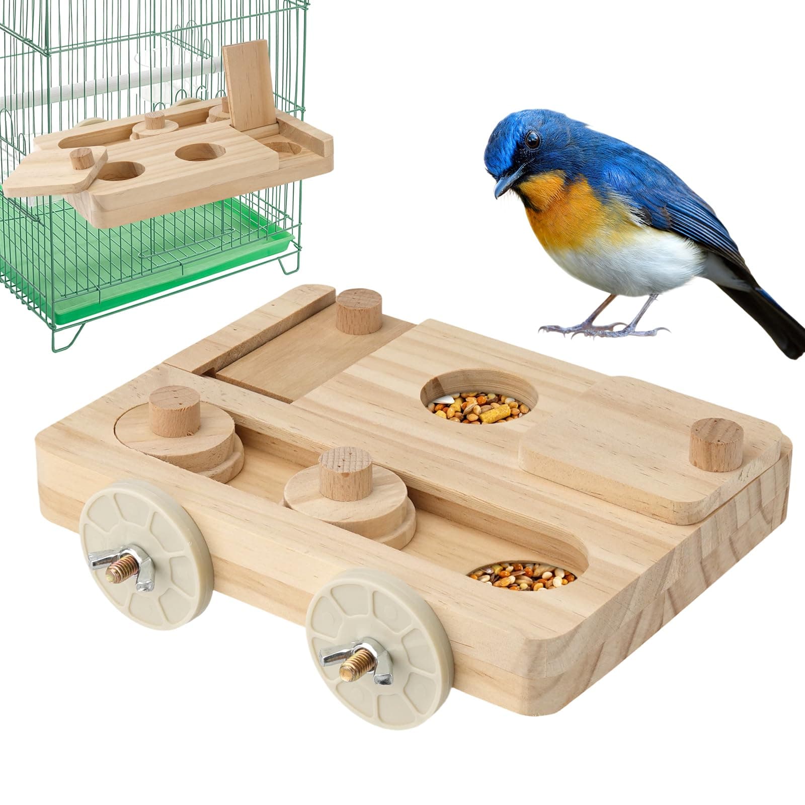 Wooden Bird Foraging Puzzle Toys for Small Parrots, Foraging Toys for Birds, Interactive Mental Enrichment and Seed Feeder Toy for Budgies, Parrotlets, Cage Foraging Training Toy (7.2" x 5.4" x 1.3")