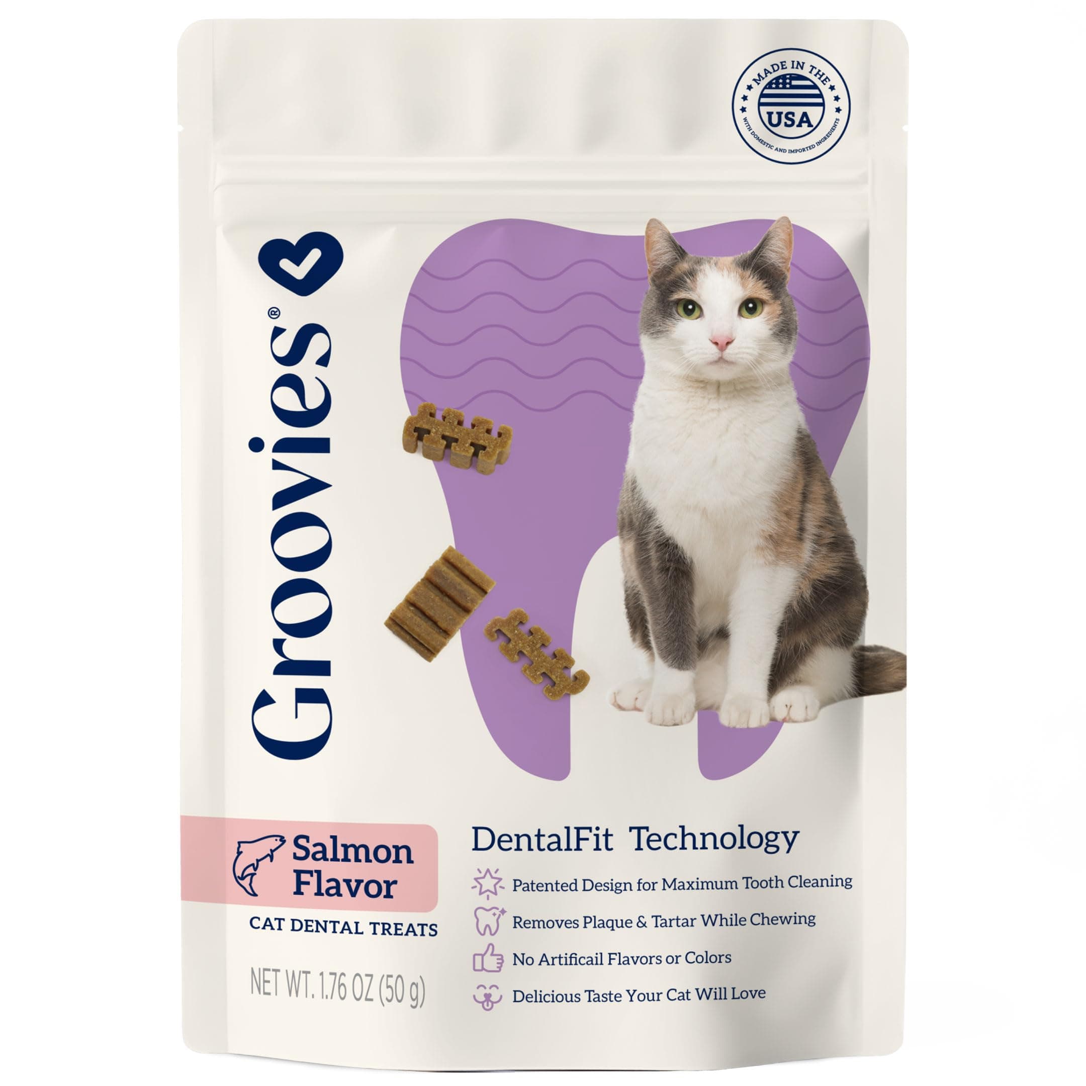 Groovies Cat Daily Dental Treats. Tasty, Crunchy Bites Cats Love. Salmon Flavor. Powered by USA-Patented DentalFit Technology. No Added Gluten, No Artificial Flavors or Colors. 1.76oz (115 Treats)