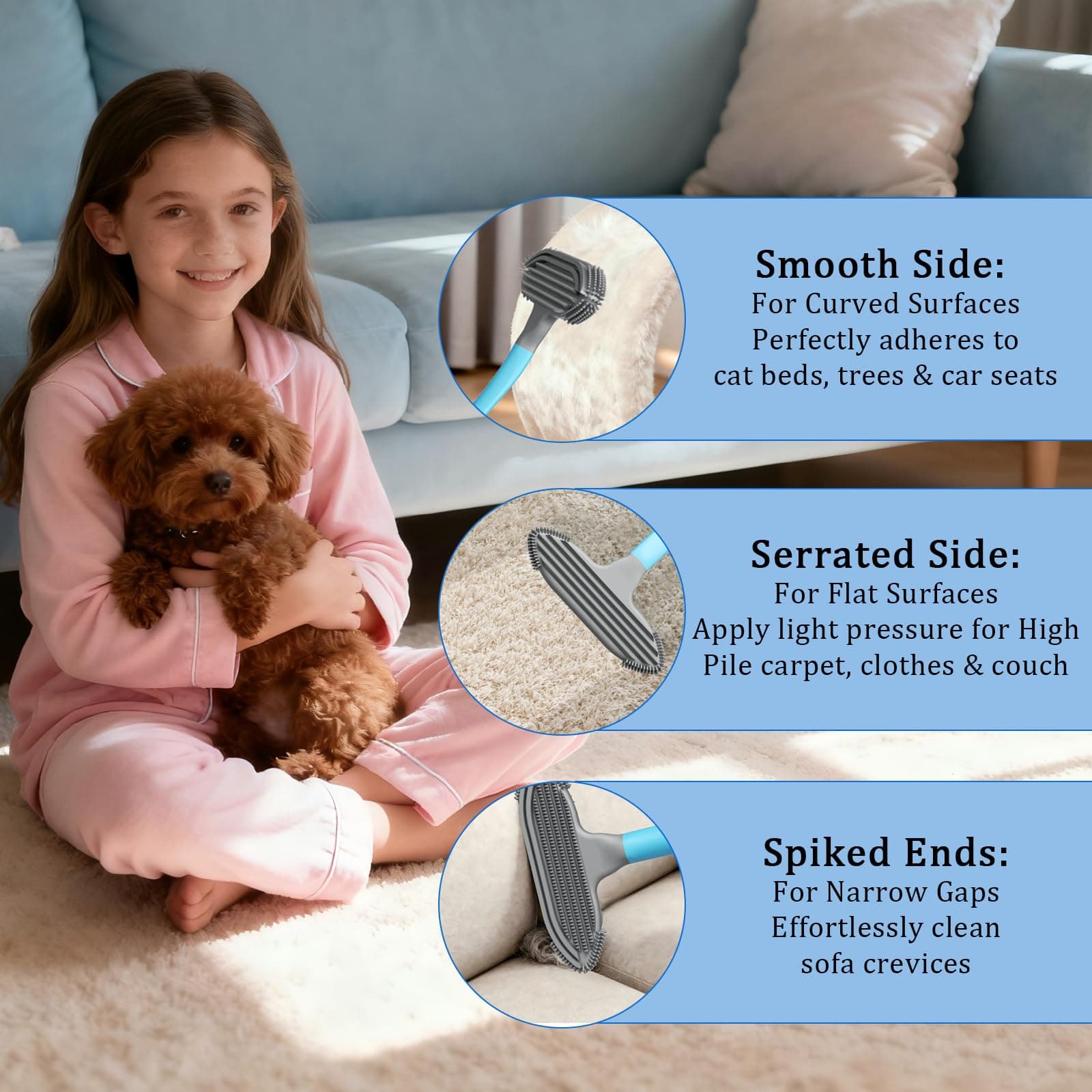 Pet Hair Removal Tool and Pet Hair Remover with 3 in 1 Silicone, Cat Dog Hair and lint Fur Remover for Carpet Couch Cat Tree Bed Furniture and Car Interior, Reusable and Portable,2 Pack - image 3