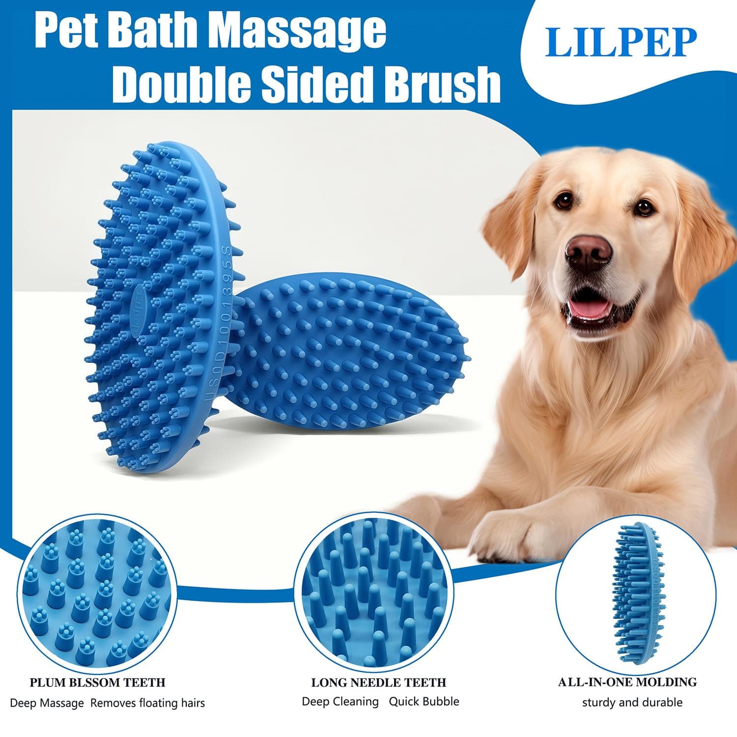 Lilpep Dog Brush - 2-in-1 Double Sided Bath & Massage Brush for Dogs, Pet Shampoo Scrubber, Gentle Hair Cleaning Tool, Soft Rubber Grooming Brush for Short/Long Haired Puppies - image 3