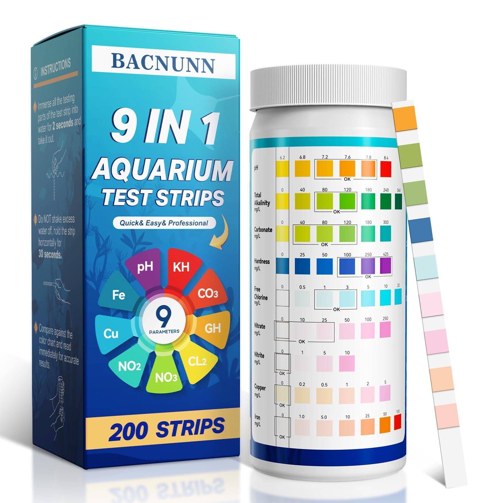 Aquarium Test Strips: 200CT 9 in 1 Quick & Accurate Fish Tank Water Testing Kit for Freshwater Pond Testing Nitrate Nitrite Hardness Free Chlorine pH Carbonate Total Alkalinity Copper Iron