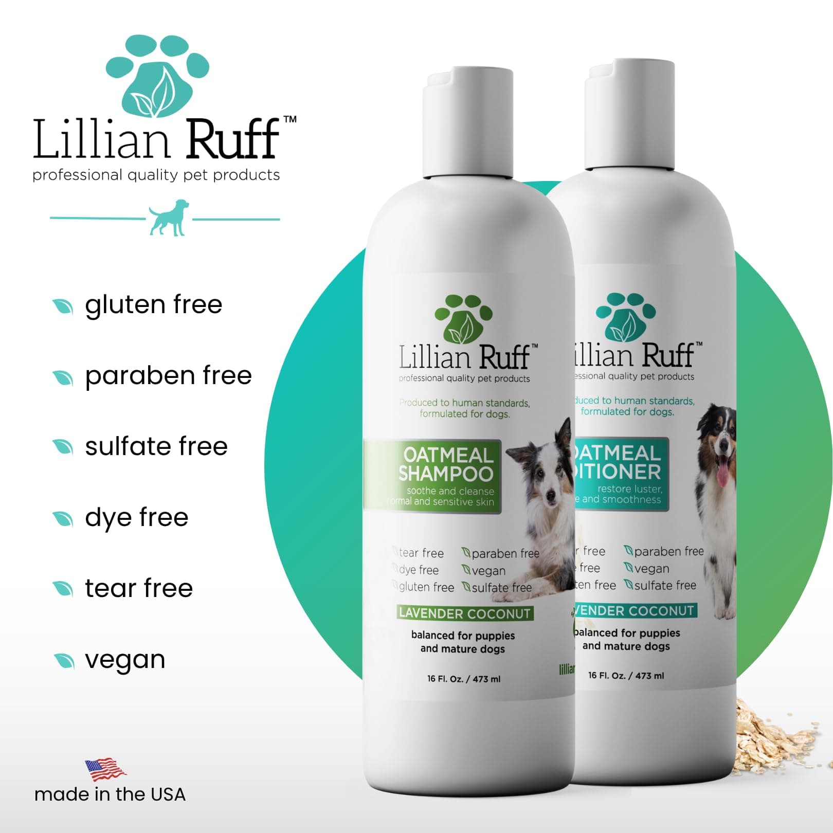 Lillian Ruff PRO Formula Deodorizing Oatmeal Dog Shampoo & Conditioner Set - Calm Itching & Allergies, Ultra-Nourishing Dry Skin Relief - Oatmeal, Aloe, Coconut Oil, Lavender & Provitamin B5, USA Made - image 5