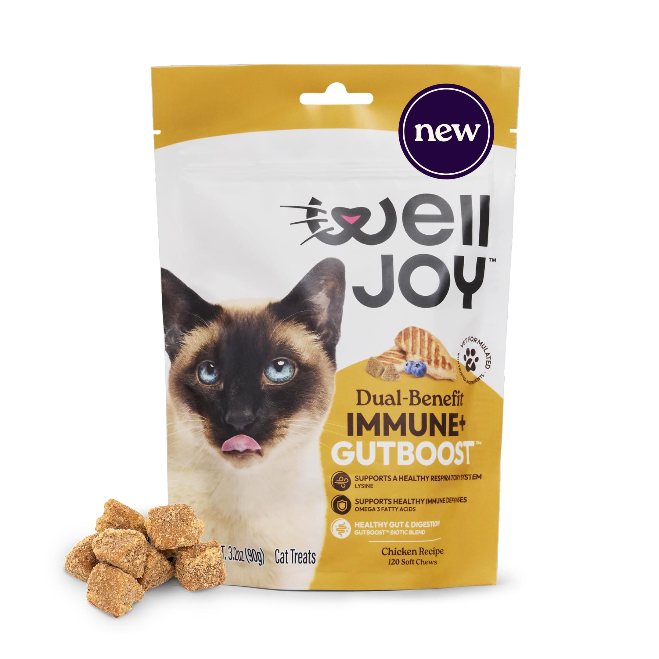New! WellJoy Cat Treat Immune+ GutBoost | with Lysine | Supports a Healthy Respiratory System & Immune Defenses | Dual-Benefit Formula | Vet Formulated | Made in USA | Real Chicken | 120 Soft Chews