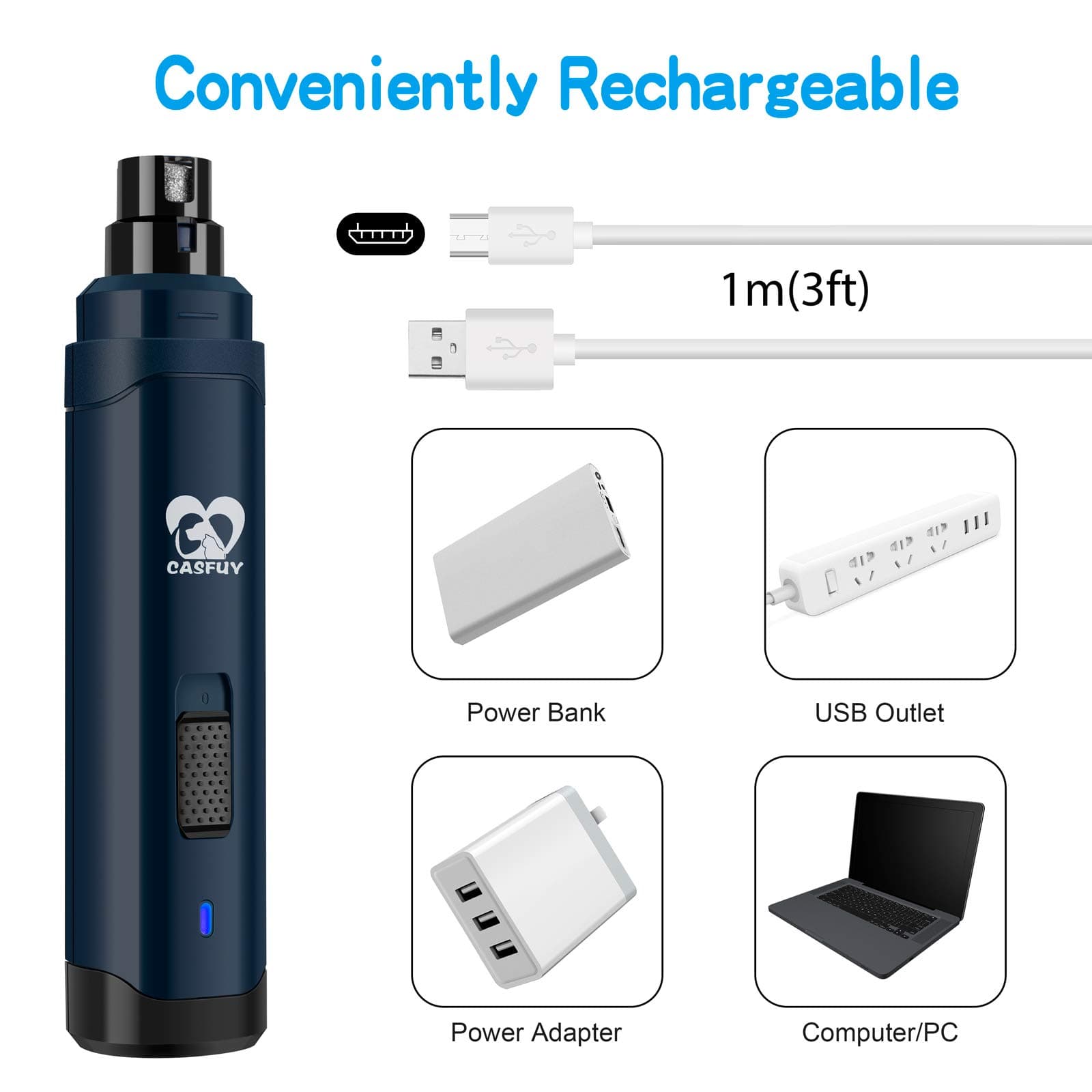 Casfuy Dog Nail Grinder Upgraded - Professional 2-Speed Electric Rechargeable Pet Nail Trimmer Painless Paws Grooming & Smoothing for Small Medium Large Dogs & Cats(Dark Blue) - image 5