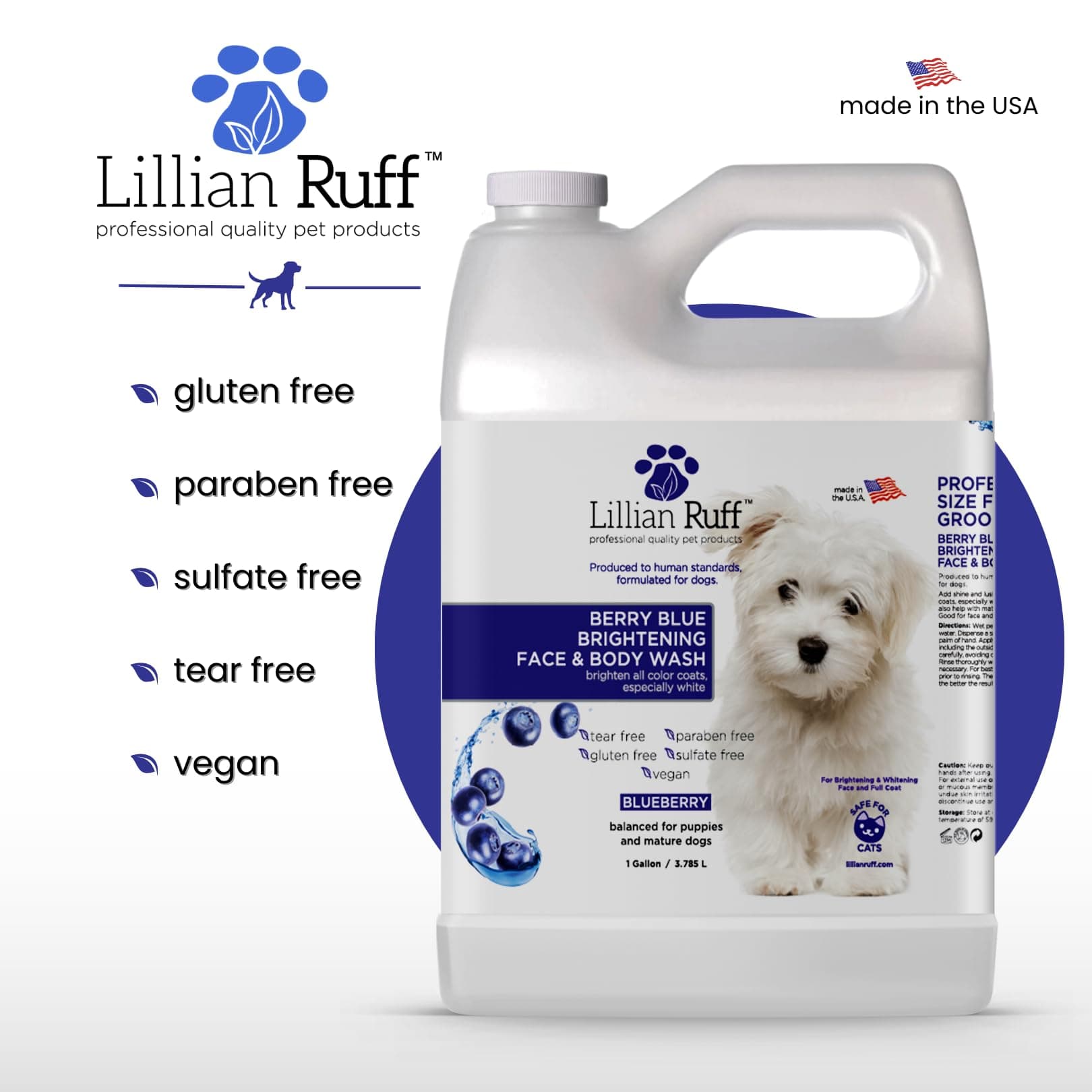 Lillian Ruff PRO Formula Berry Blue Brightening Pet Shampoo - Ultra-Hydrating Professional Whitening Dog Shampoo, Vivid Show-Quality Coat Enhancer, Tear Stain & Odor Eliminator, Vitamin B5, 128oz+Pump - image 5