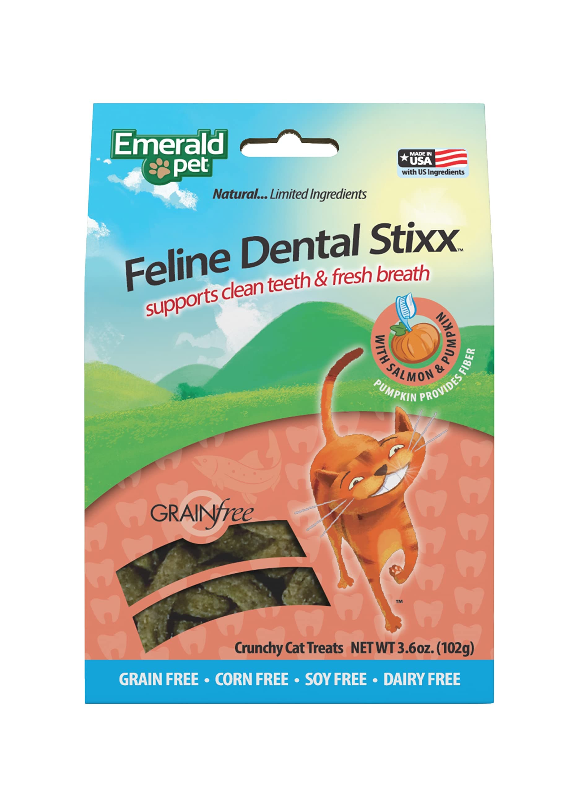 Emerald Pet Feline Dental Stixx — Tasty and Crunchy Cat Sticks with Pumpkin for Digestive Health — Natural Grain Free Dental Treats for Clean Teeth and Fresh Breath — Salmon, 3.6 oz