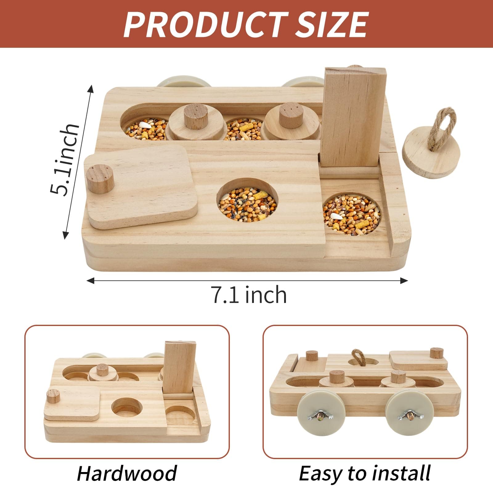 Wooden Bird Foraging Puzzle Toys for Small Parrots, Foraging Toys for Birds, Interactive Mental Enrichment and Seed Feeder Toy for Budgies, Parrotlets, Cage Foraging Training Toy (7.2" x 5.4" x 1.3") - image 2