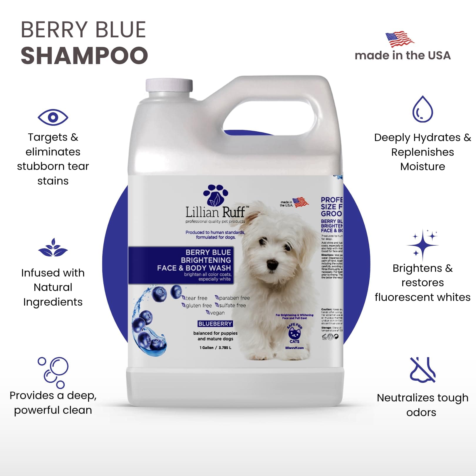 Lillian Ruff PRO Formula Berry Blue Brightening Pet Shampoo - Ultra-Hydrating Professional Whitening Dog Shampoo, Vivid Show-Quality Coat Enhancer, Tear Stain & Odor Eliminator, Vitamin B5, 128oz+Pump - image 2