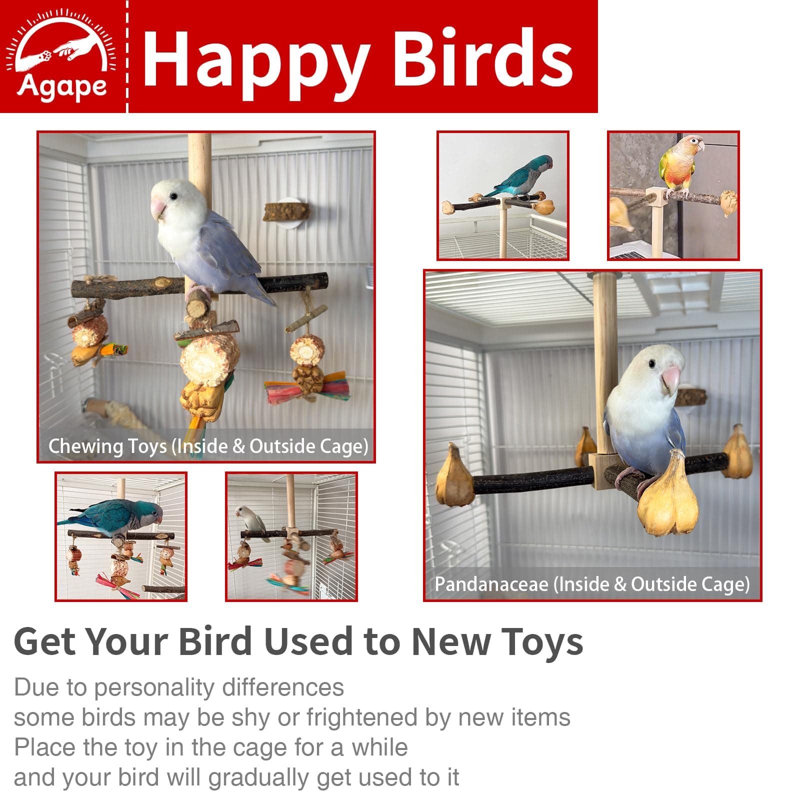 Agape Rotating Parrot Perch Toy with Chew Toy, Natural Wooden Perch Stand for Small & Medium Birds, Bird Cage Accessory with Exercise Wheel for Parakeets Cockatiels Lovebirds Conures Finches Budgies - image 3